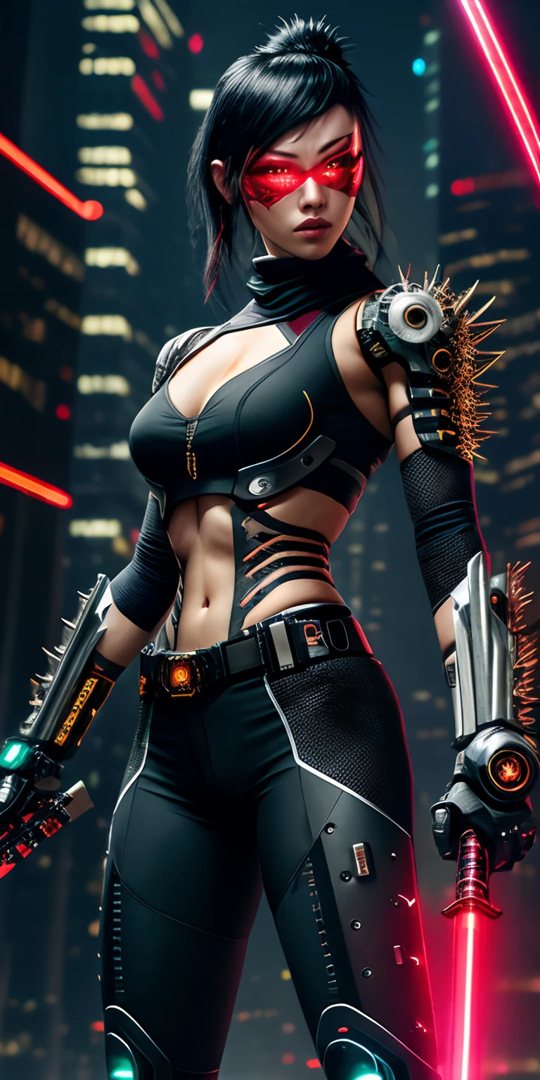 (Raw photo,realistic,photorealistic),dynamic angle,gorgeous,amazing,epic,ultra-detailed,1girl\(mecha\),(techpunkmask:1.2),slim body,kong-fu,black hair,black eyes,Chinese hairstyle,see-through,glowing body,cyberpunk,cyborg ninja,cinematic Lighting,Accent Lighting,dramatic_shadow,ray_tracing,complex clothes and patterns, fighting,(holding laser-katana:1.3),hair-bangs,red long scarf,highly real skin,outdoors, strong dynamic pose, neon lights, beautiful glowing,