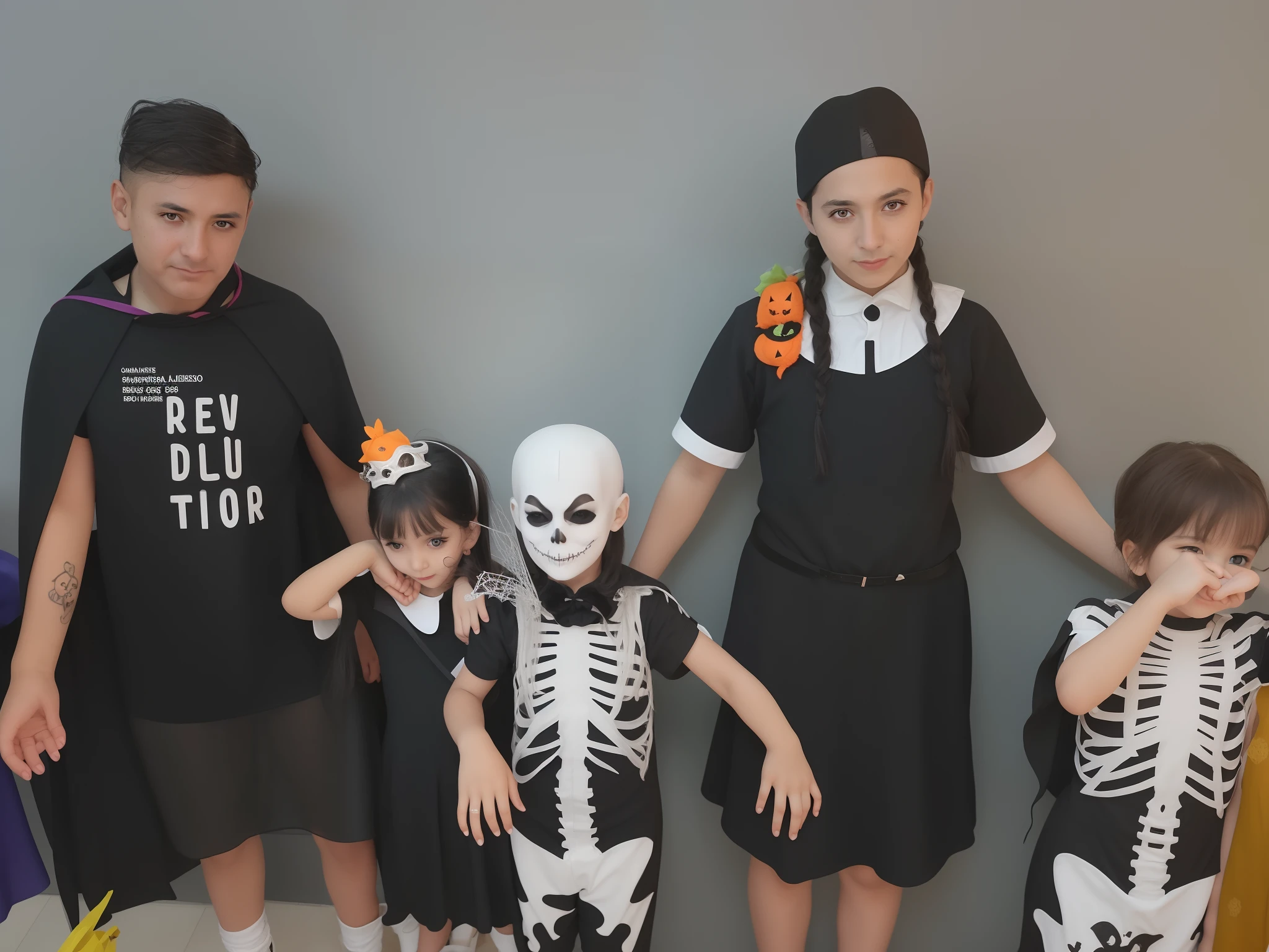 Children in Halloween costumes posing for a photo, como quarta-feira addams, criaturas assustadoras no fundo, creepy themed, Quarta-feira Addams, halloween celebration, goth family, with a skeleton army, the addams family, Tema de terror, by Gina Pellón, spooky halloween fun, Directed by: Veronica Ruiz de Velasco, Directed by: Nandor Soldier