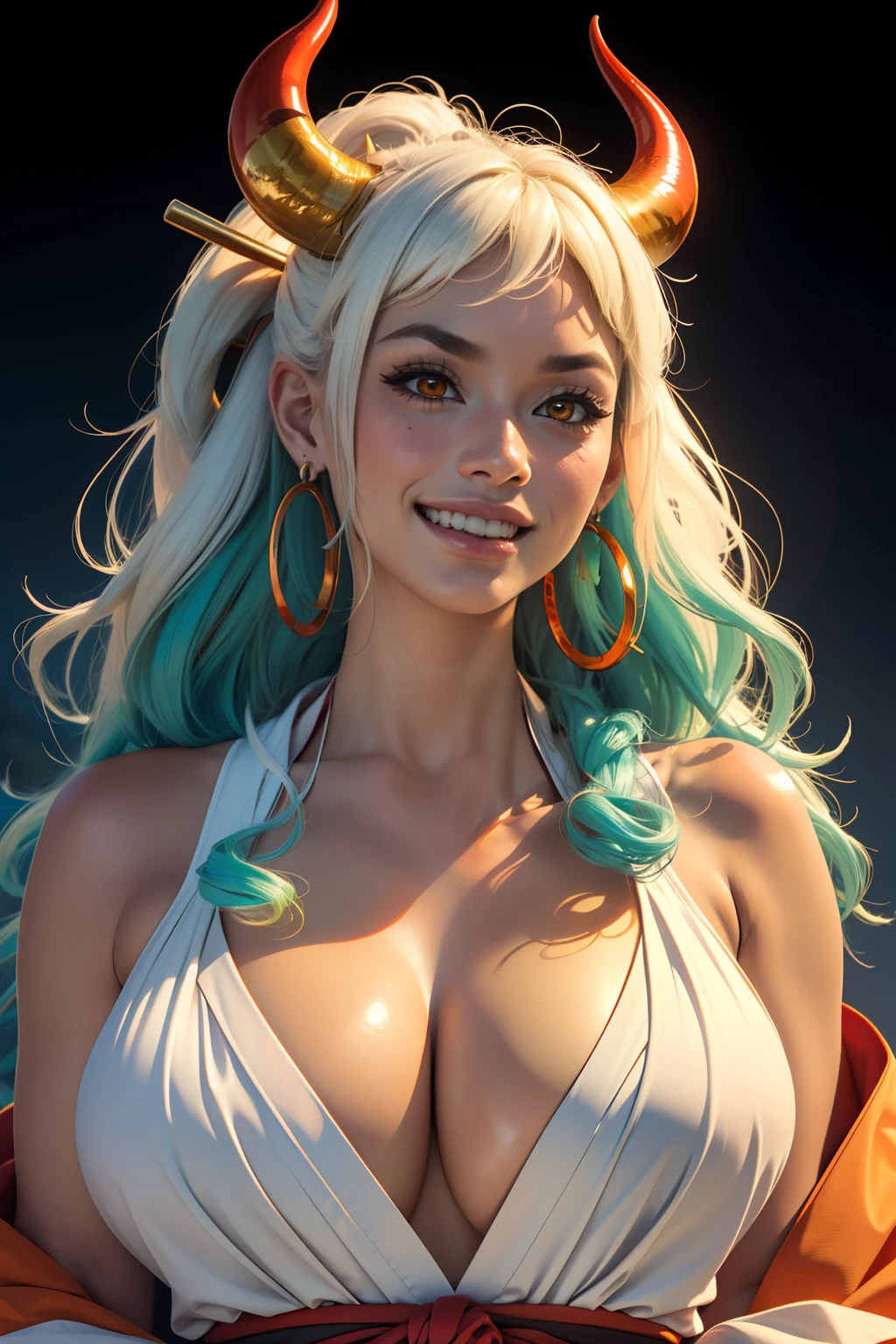 ultra realistic 8k cg, masterpiece, ((ultra detailed background, delicate pattern, intricate detail)), (highly detailed, fine details), best quality, (photorealistic:1.4),beautiful lighting,  absurdres, RAW photo, film grain, ((Big breasts, Masculine girl)), Yamato, long hair, 1girl, horns, white hair, solo, oni, red horns, curled horns, hair ornament, (multicolored horns), jewelry, earrings, japanese clothes, kimono, hair stick, sleeveless, bare shoulders, aqua hair, sidelocks, hoop earrings, hakama, smile, wide smile, ((orange eyes, Masculine girl, Big breasts)), (complex detailed background, barren land, moon, portrait, close-up),