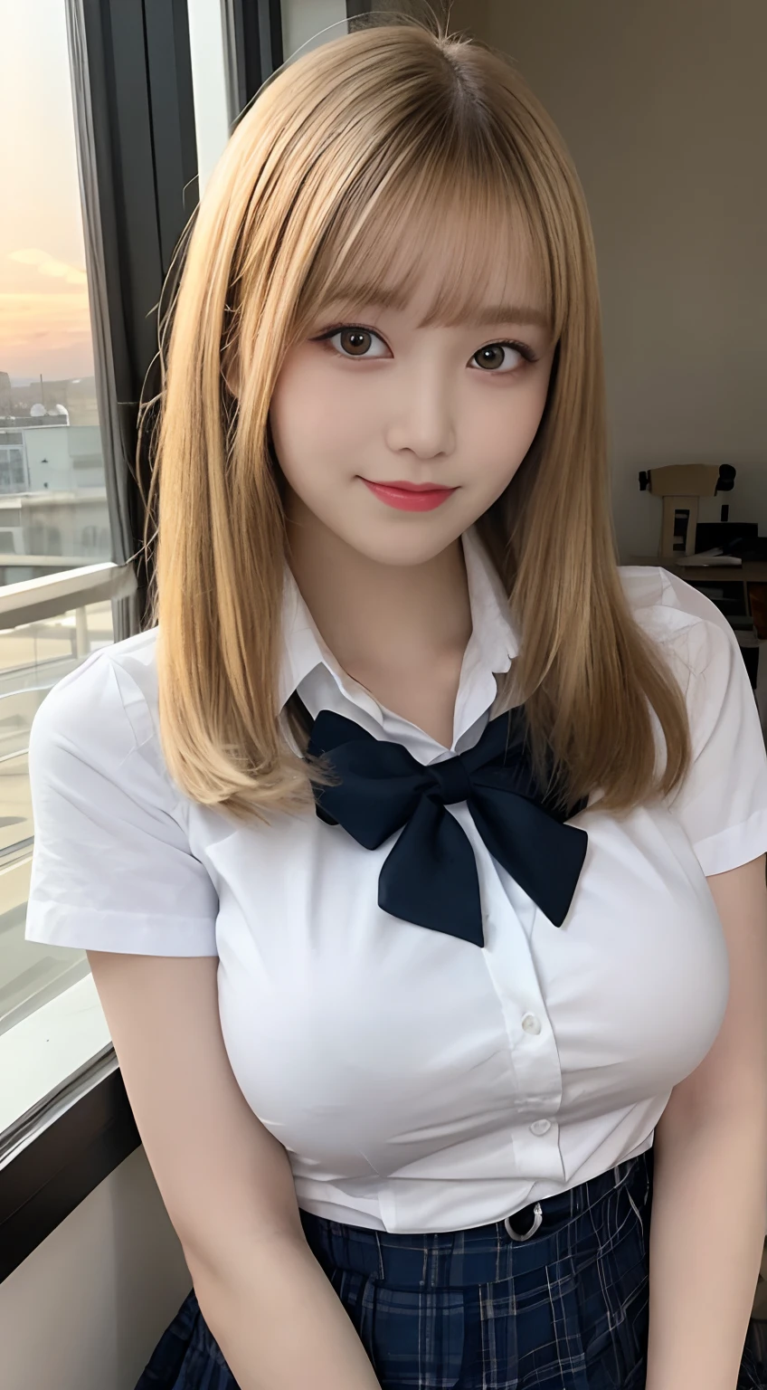 730717681 Only one woman, alone, blonde、Shining beautiful skin、big breasts、outstanding style, front tie blouse、sunny day