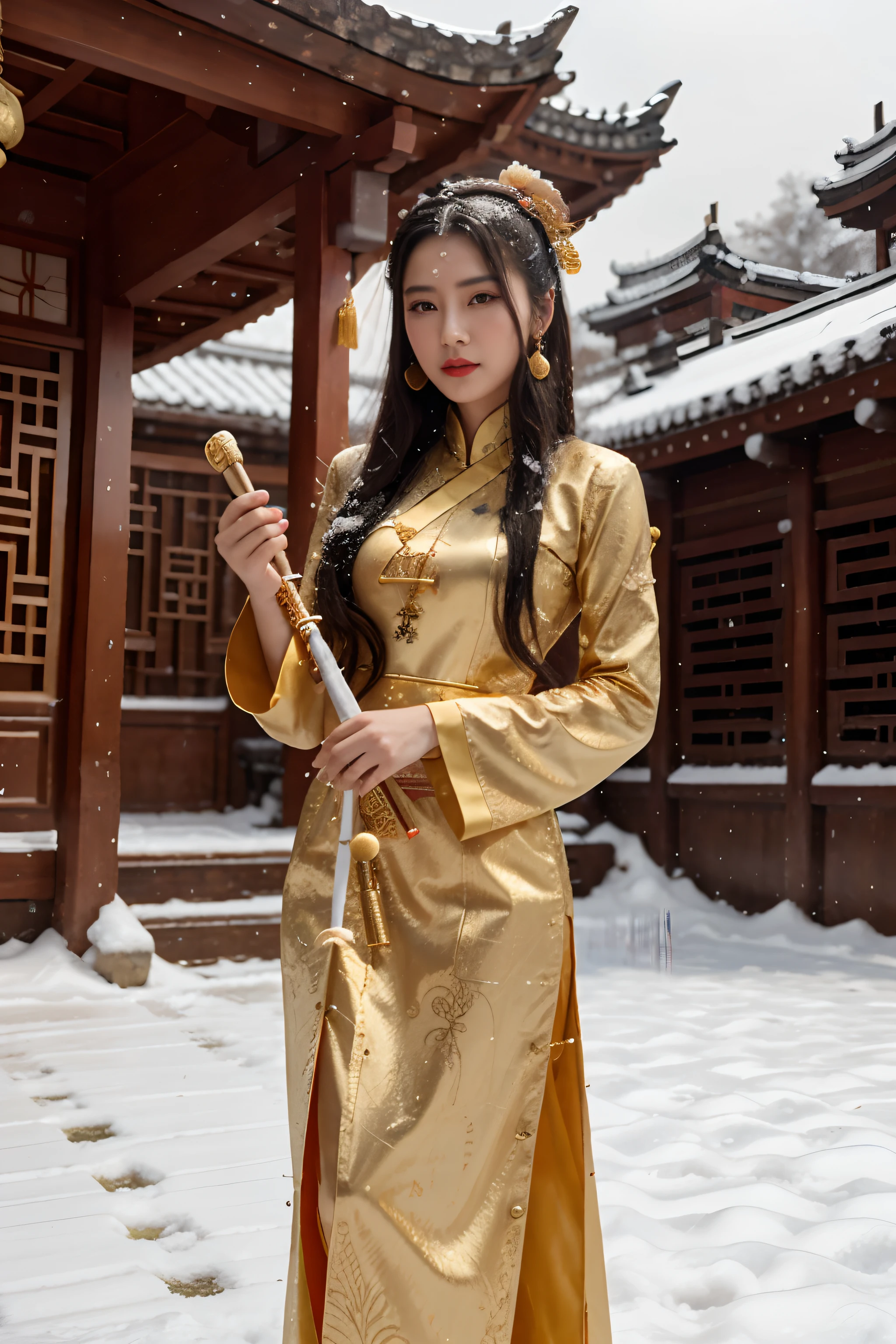 arafed woman with gold costume, open chest, playing a musical instrument in the snow, inspired by Wu Daozi, inspired by Gong Xian, inspired by Guan Daosheng, inspired by Ma Lin, style of guo hua, inspired by Tang Yin, song nan li, inspired by Song Xu, traditional chinese, inspired by Zhang Shunzi, zhang daqian, inspired by Zhang Wo, detailed face, beautiful face, sexy red lips