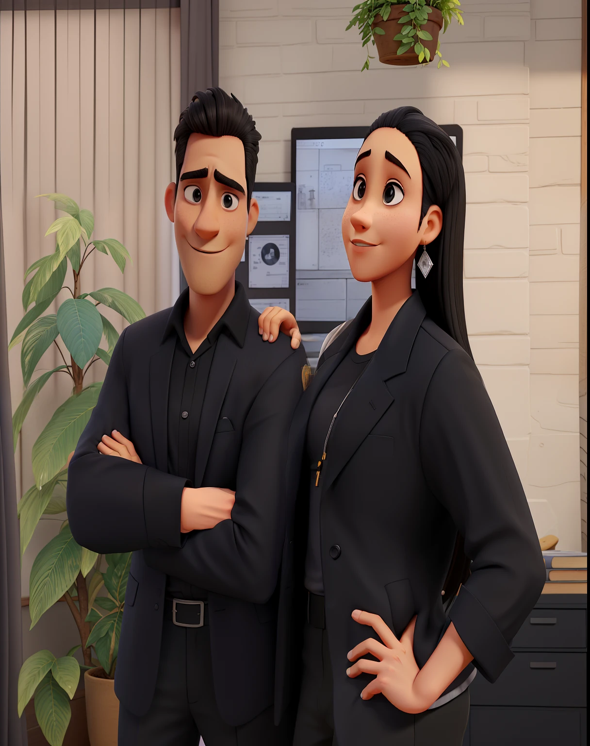 Um homem de cor escura, com cabelos preto, olhos castanhos, cross-arm and black dress shirt. The girl next to you is white, olhos castanhos, cabelo castanho feito rabo de cabelo, With his hand resting on this man's shoulder, de blazer e blusa preta. In the background there is a fabric backdrop and in front a camera.