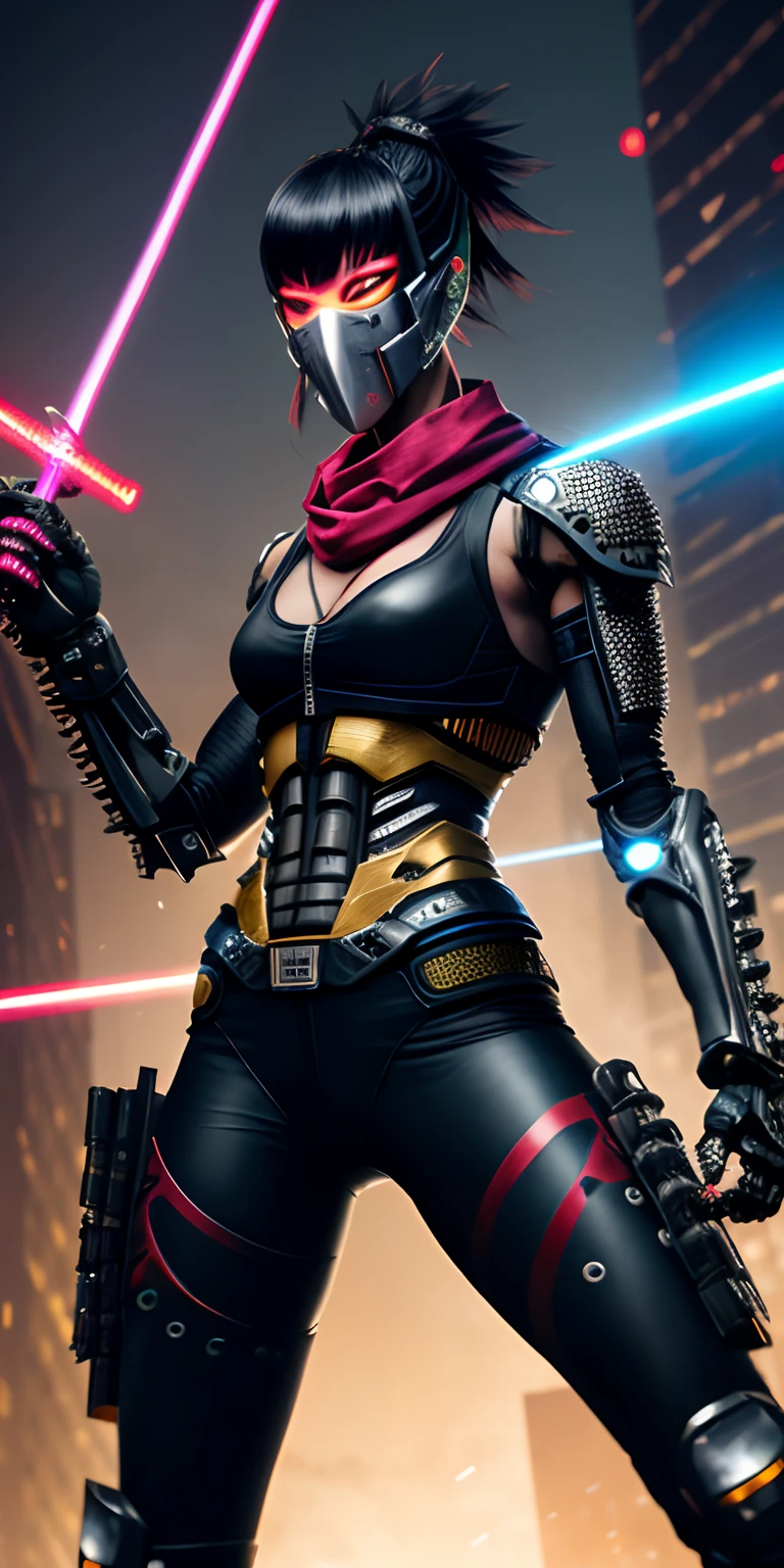 (Raw photo,realistic,photorealistic),dynamic angle,gorgeous,amazing,epic,ultra-detailed,1girl\(mecha\),(techpunkmask:1.2),slim body,kong-fu,black hair,black eyes,Chinese hairstyle,see-through,glowing body,cyberpunk,cyborg ninja,cinematic Lighting,Accent Lighting,dramatic_shadow,ray_tracing,complex clothes and patterns, fighting,(holding laser-katana:1.3),hair-bangs,red long scarf,highly real skin,outdoors, strong dynamic pose, neon lights, beautiful glowing,