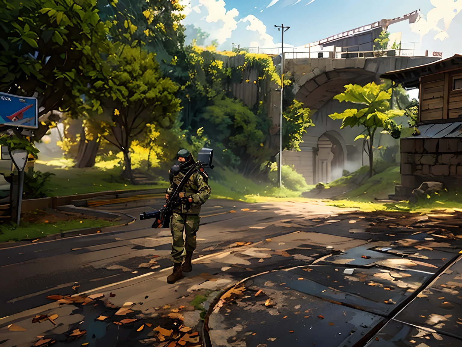 A heavily armed soldier，Pass in hand