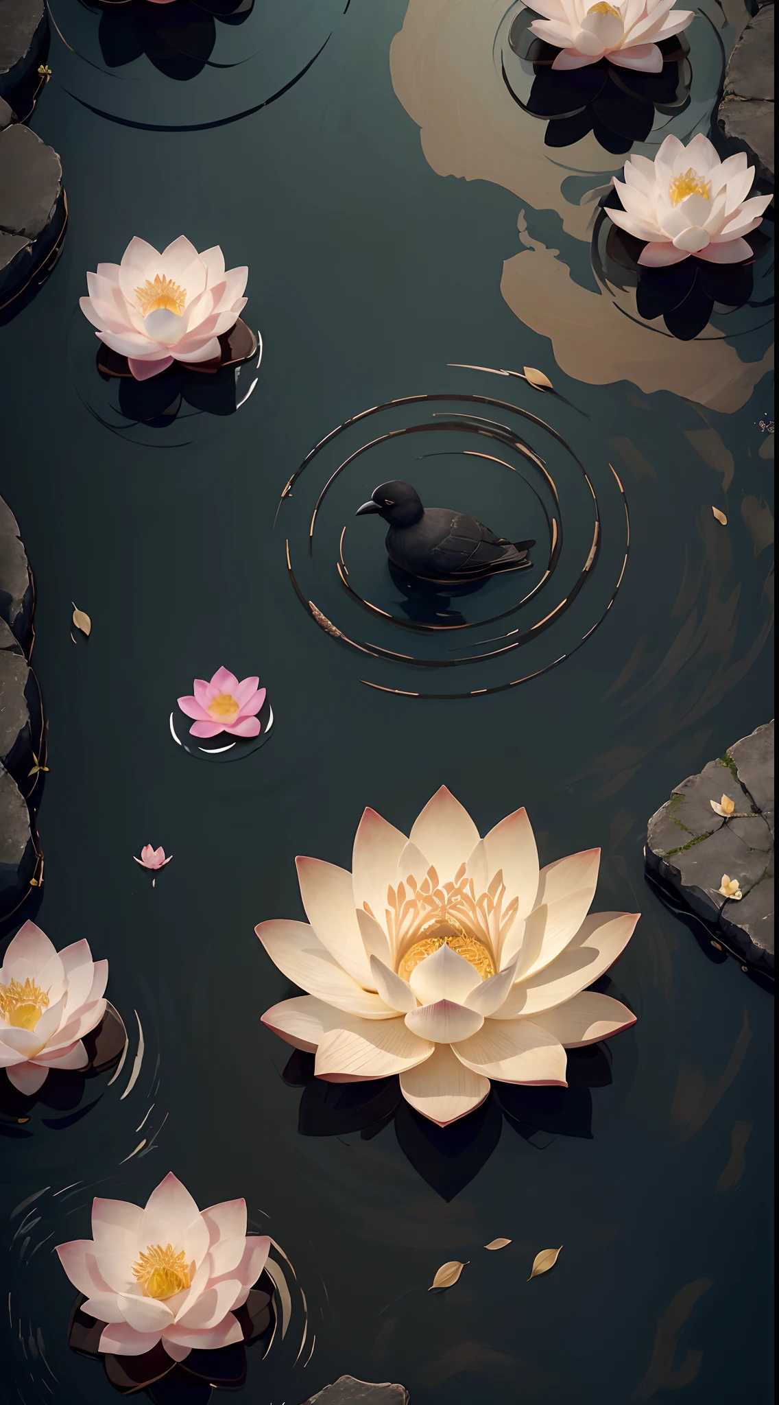 (Composition, Illustration, faraway shot) faraway shot, A lotus flower blooming((pure, one blossom, starting to wither, floating on river)), ancient china, river, crows eying flowers on the river from above, beautiful, elegant, super intricate, ultra detailed, best quality, 8k uhd, high resolution