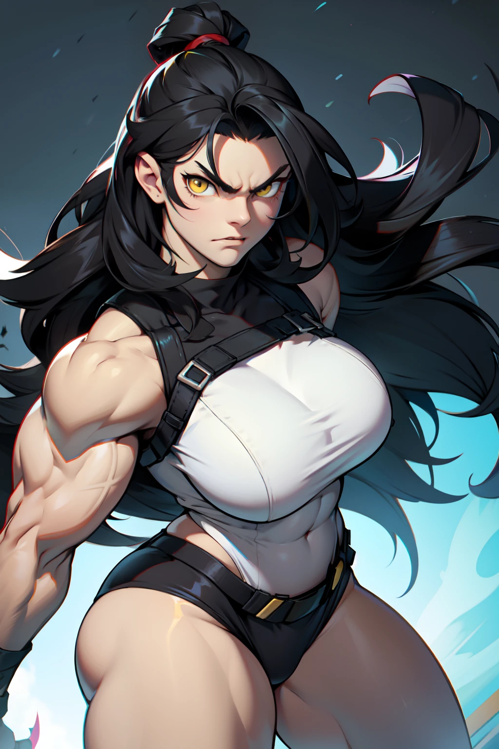 solo muscular thick thighs huge breasts black hair yellow eyes pale skin long hair angry