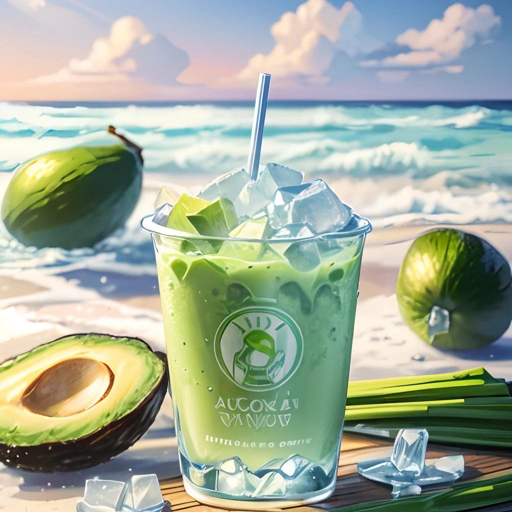 ((16oz plastic cups)), fresh avocado milkshake drink with ice cube, stary night