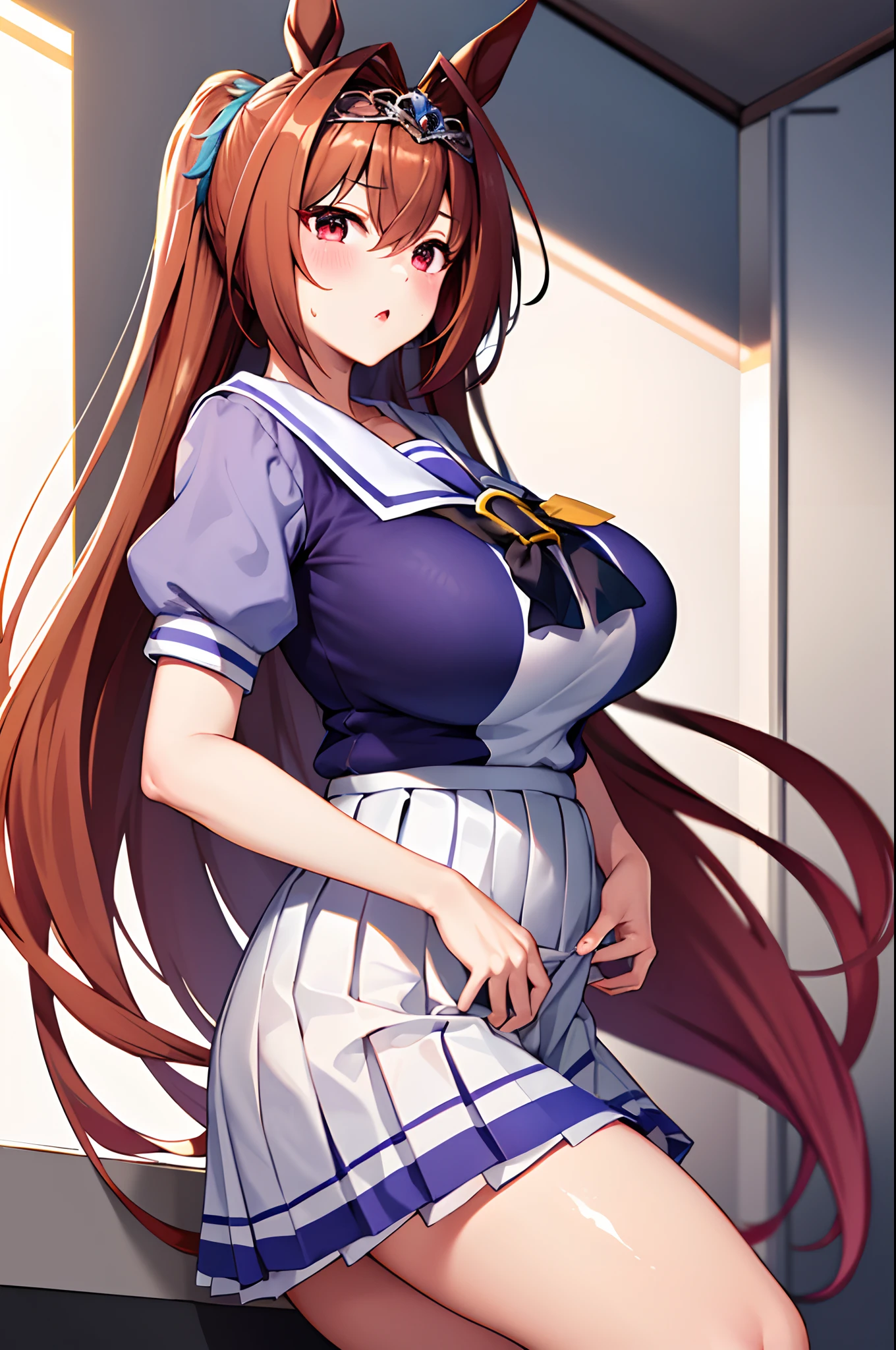 (gigantic huge tits), Hi-Res, 1girl in, Marl, 独奏, Daiwa Scarlet(Umamusume), Trasen School Uniform, white thighhig, White skirt, Twin-tailed, sailor shirt, Puffy Short Sleeves, Very long hair, brown haired, Horseshoe ornament, Sailor collar, Purple shirt, Hair intake, a miniskirt, tiarra, tusk, Akame, bangss, Ashamed, short stature