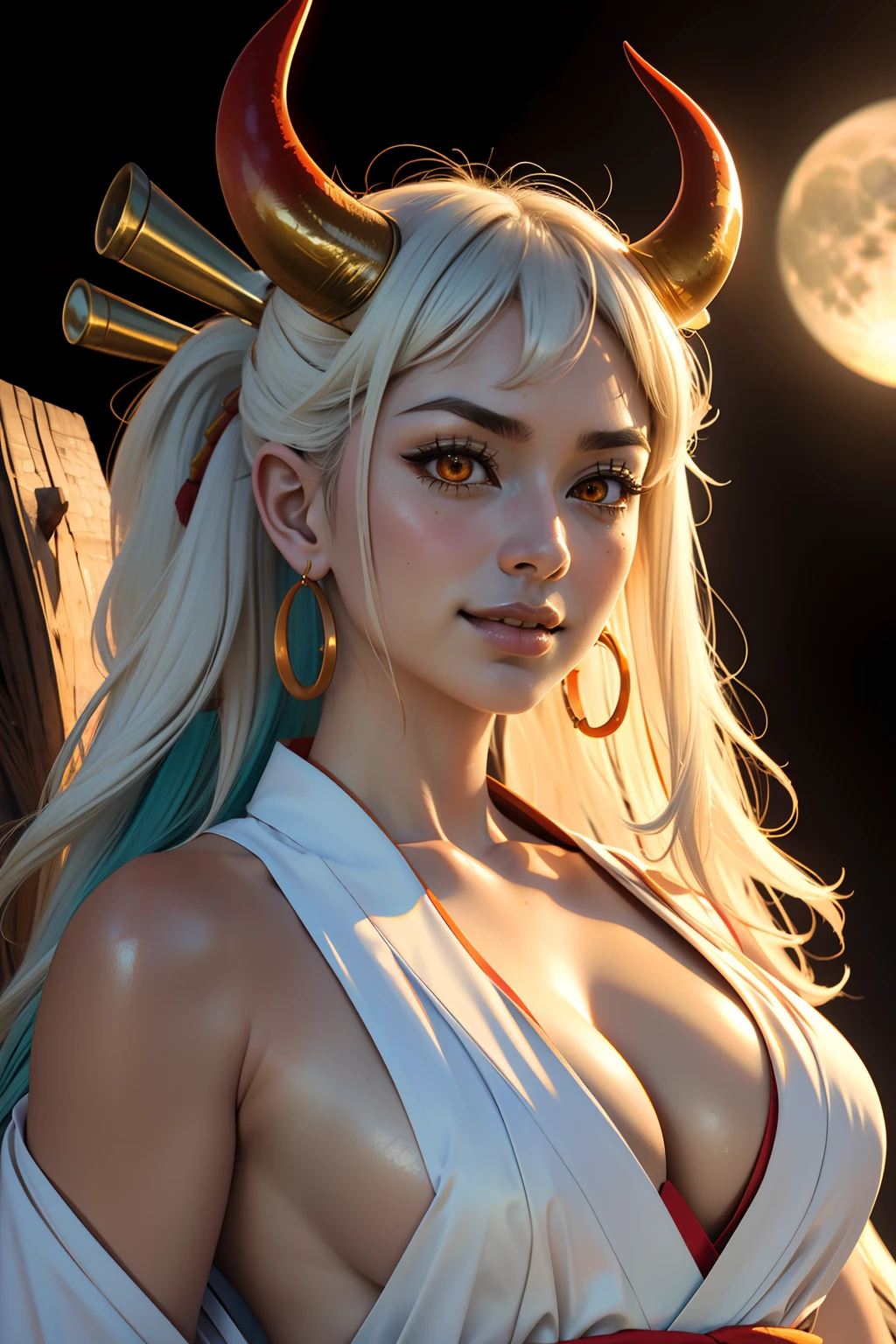 ultra realistic 8k cg, masterpiece, ((ultra detailed background, delicate pattern, intricate detail)), (highly detailed, fine details), best quality, (photorealistic:1.4),beautiful lighting,  absurdres, RAW photo, film grain, ((Big breasts, Masculine girl)), Yamato, long hair, 1girl, horns, white hair, solo, oni, red horns, curled horns, hair ornament, (multicolored horns), jewelry, earrings, japanese clothes, kimono, hair stick, sleeveless, bare shoulders, aqua hair, sidelocks, hoop earrings, hakama, smile, wide smile, ((orange eyes, Masculine girl, Big breasts)), (complex detailed background, barren land, moon, portrait, close-up),