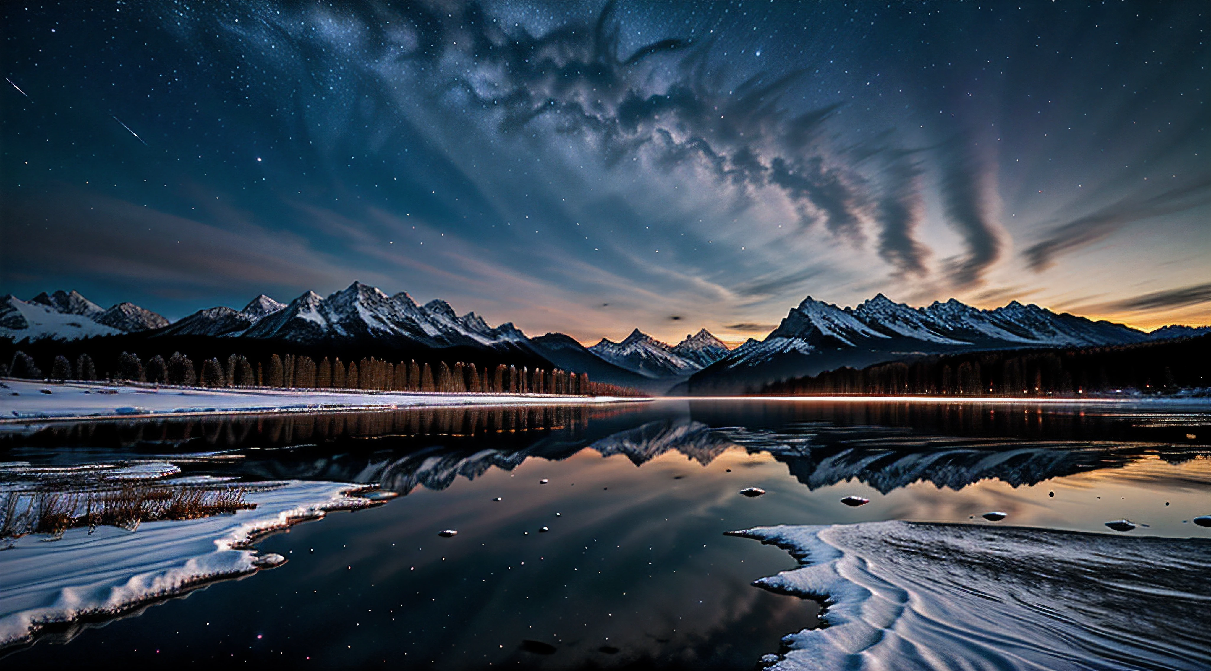 Starry night, (Rime),Northern Lights, Towering snow-capped mountains, bonfires,A chalet in the middle of the winter forest,Frozen branches are covered with hoarfrost。reindeer,yukito,sled,Winter wonderland,Vibrant colors, clouds,Mist,New Moon,milky ways, Subtle shades of blue,Frost mist,Breathtaking landscapes, Icy cliffs, Frozen lake, peacful, Majestic beauty, ethereal glowing, A miracle of nature, Peaceful solitude, Celestial wonders, vast, Natural phenomena, Silent night, Serene reflection, glittering stars, Mysterious charm (best qualtiy,4K,8K,Tall structures,tmasterpiece:1.2),ultra - detailed,(realisticlying,photoreali,photograph realistic:1.37),hdr,hyper HD,studio lit,Extreme detail description,physically-based renderingt,professinal,Vivid colors。