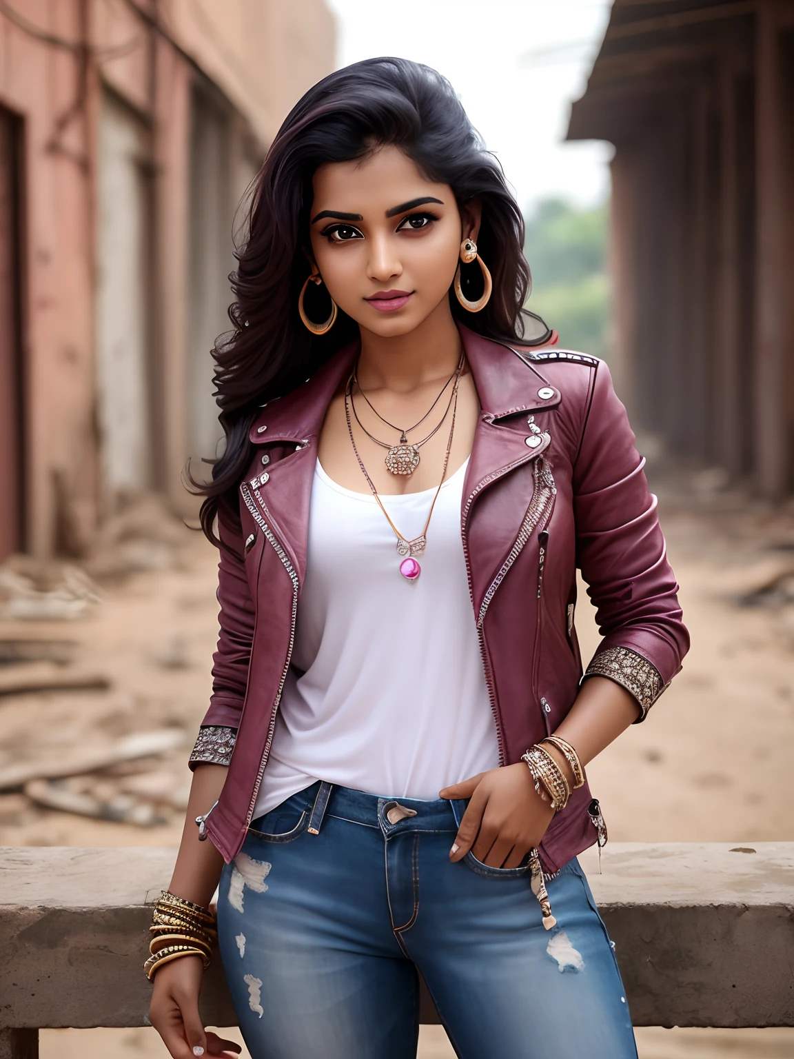 day scenario, badass photoshoot, beautiful gorgeous 25 years old Tamil girl smirking,an abandoned factory, intricate details of rusty gates, metal pillars rusty broken pipes rumble everywhere dim lights flickering lights patch walls broken metal staircase in the background, she is leaning stylishly on a table, wearing pink tee shirt leather jacket leather pants leather boots, ear studs pendant necklace coolers wrist watch, tiresome face, eyes symmetry, textured skin, (intricated meticulously detailed:1.6 faces & eyes & ears & nose & lips & body parts)