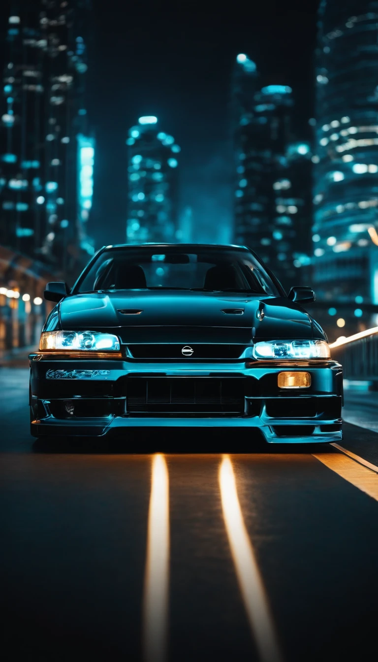 A 1999 Nissan Silver R33 lowered wide body, car body molded as if it was in the movie Tron legacy, Blue LED strips light up all the body lines of the car, night city background, motion blur, a close up of a car with a glowing blue stripe on the hood, tron, glowing neon vray, cyan headlights, black and cyan color scheme, futuristic neon, cyan lightning, black neon lights, teal neon lights, colors of tron legacy, stylized neon, dark neon lighting, light cyan, neon dark lighting, neon-noir background