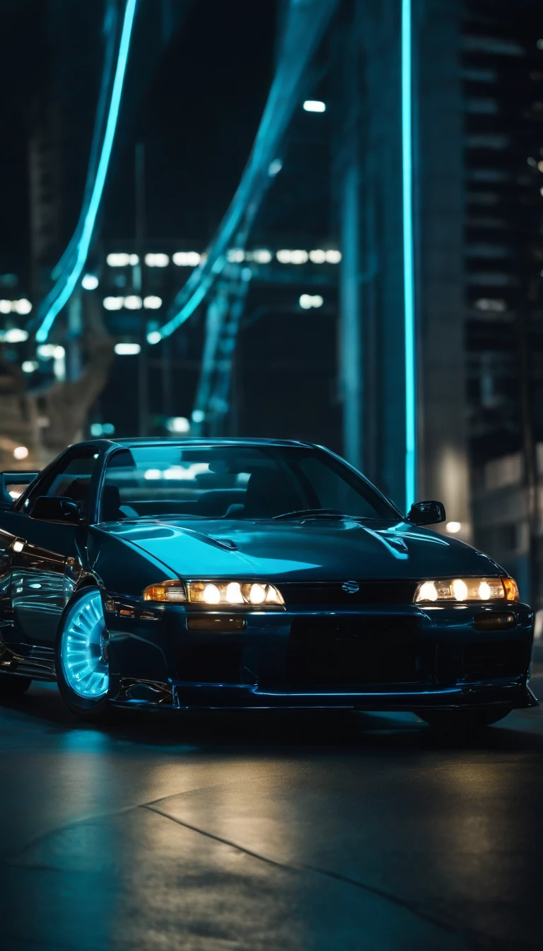 A 1999 Nissan Silver R33 lowered wide body,  car body molded as if it was in the movie Tron legacy, Blue LED strips light up all the body lines of the car, night city background, motion blur, a close up of a car with a glowing blue stripe on the hood, tron, glowing neon vray, cyan headlights, black and cyan color scheme, futuristic neon, cyan lightning, black neon lights, teal neon lights, colors of tron legacy, stylized neon, dark neon lighting, light cyan, neon dark lighting, neon-noir background