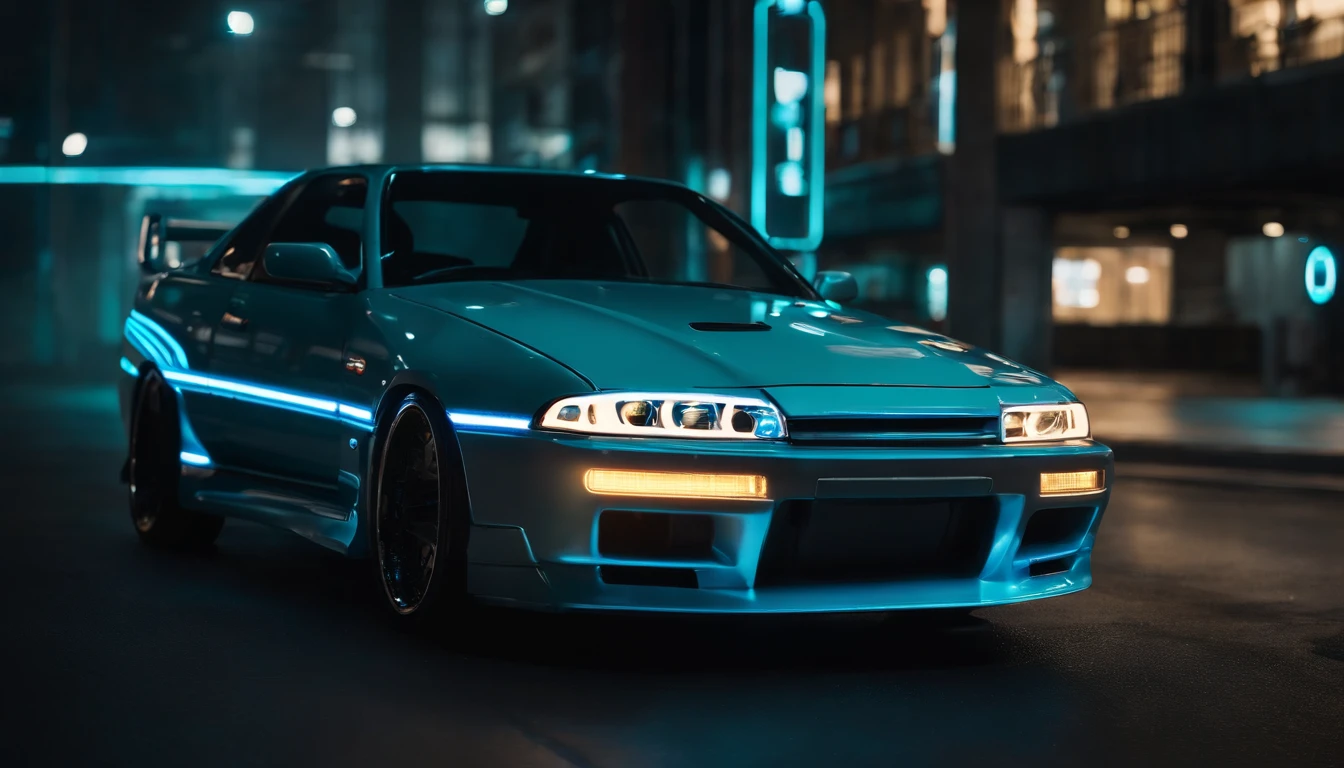 A 1999 Nissan Silver R33 lowered wide body, car body molded as if it was in the movie Tron legacy, Blue LED strips light up all the body lines of the car, night city background, motion blur, a close up of a car with a glowing blue stripe on the hood, tron, glowing neon vray, cyan headlights, black and cyan color scheme, futuristic neon, cyan lightning, black neon lights, teal neon lights, colors of tron legacy, stylized neon, dark neon lighting, light cyan, neon dark lighting, neon-noir background