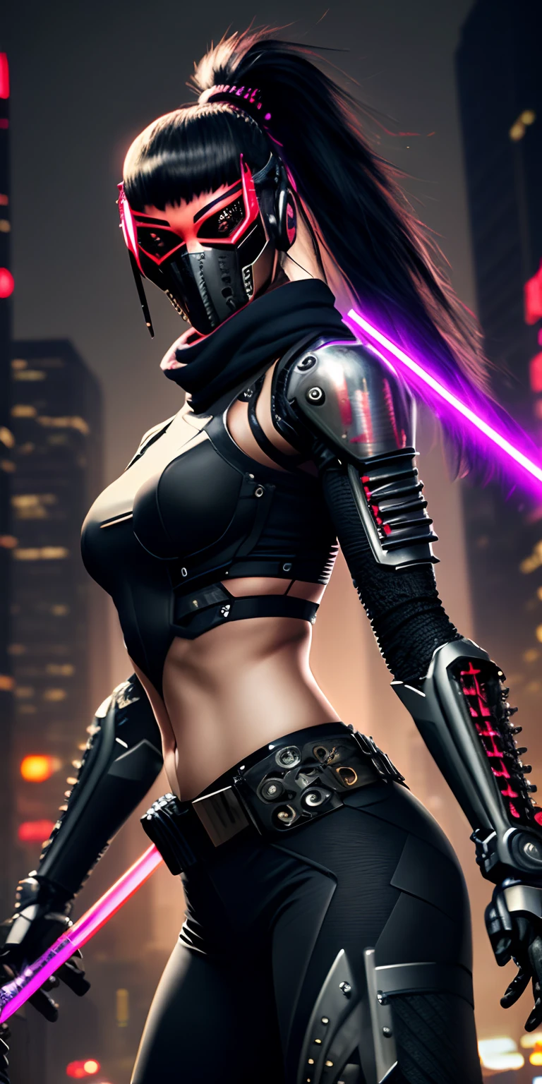 (Raw photo,realistic,photorealistic),dynamic angle,gorgeous,amazing,epic,ultra-detailed,1girl\(mecha\),(techpunkmask:1.2),slim body,kong-fu,black hair,black eyes,Chinese hairstyle,see-through,glowing body,cyberpunk,cyborg ninja,cinematic Lighting,Accent Lighting,dramatic_shadow,ray_tracing,complex clothes and patterns, fighting,(holding laser-katana:1.3),hair-bangs,red long scarf,highly real skin,outdoors, strong dynamic pose, neon lights, beautiful glowing,