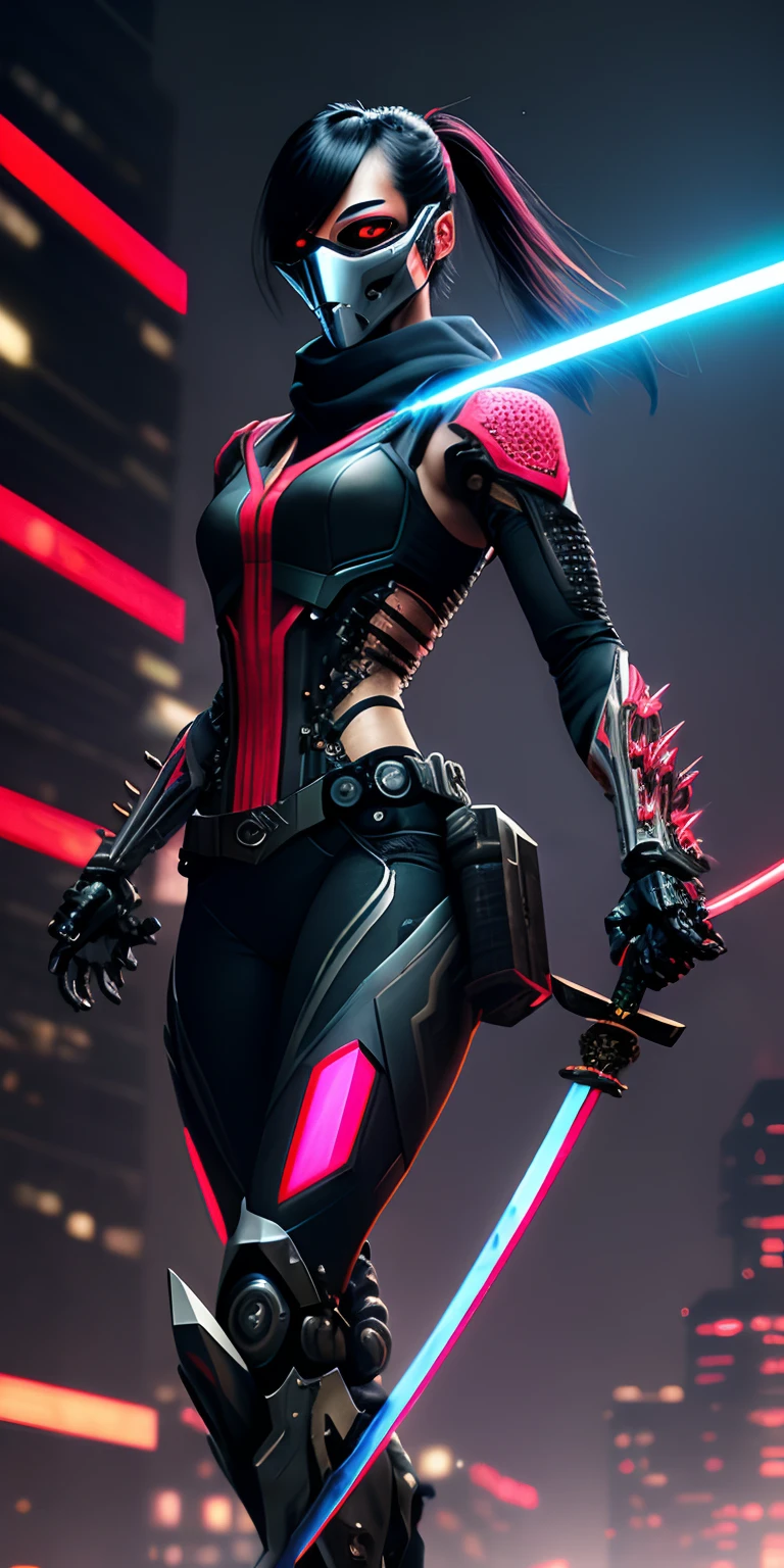 (Raw photo,realistic,photorealistic),dynamic angle,gorgeous,amazing,epic,ultra-detailed,1girl\(mecha\),(techpunkmask:1.2),slim body,kong-fu,black hair,black eyes,Chinese hairstyle,see-through,glowing body,cyberpunk,cyborg ninja,cinematic Lighting,Accent Lighting,dramatic_shadow,ray_tracing,complex clothes and patterns, fighting,(holding laser-katana:1.3),hair-bangs,red long scarf,highly real skin,outdoors, strong dynamic pose, neon lights, beautiful glowing,