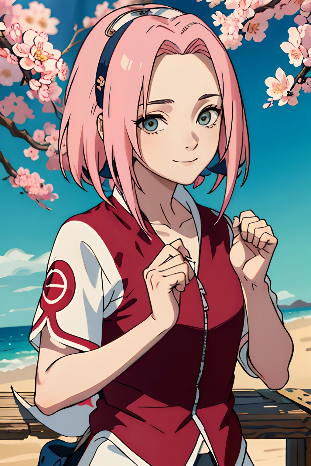 tmasterpiece， La mejor calidad en el mejor de los casos， 1girll， Sakura Haruno， senos grandes，Vestimenta fuera del hombro，（escote)，（Primer plano de la parte superior del cuerpo)，Criado sexy，is shy，smil，con cabello rosado， Pelo largo blanquecino， （Globos oculares verdes:1.4)， Forehead protection， Los cerezos，Cerezos en flor volando，Ropa roja，Media cremallera