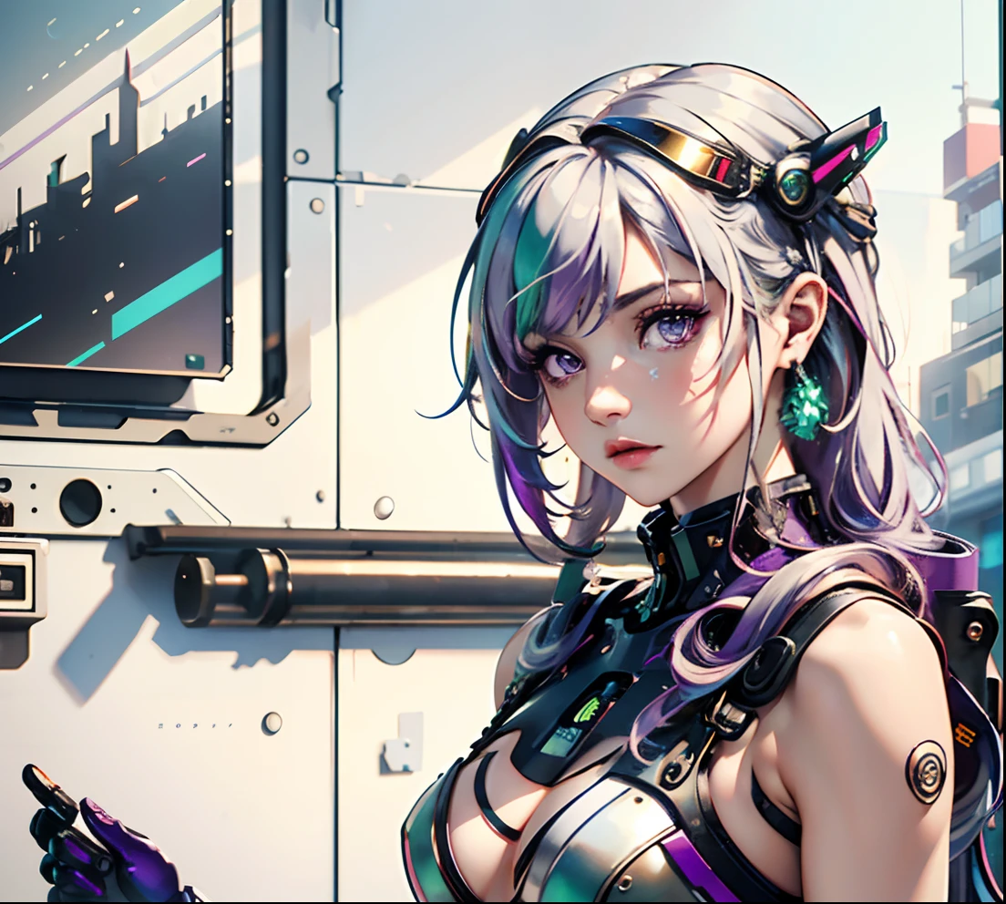 best quality, masterpiece, realistic, photorealistic, 1girl, solo, looking at viewer, upper body, standing, long hair, white hair, green hair, purple hair, multicolored hair, purple eyes, cosplay, hair ornament, ribbions, cyberpunk, cyberspace, digital world,