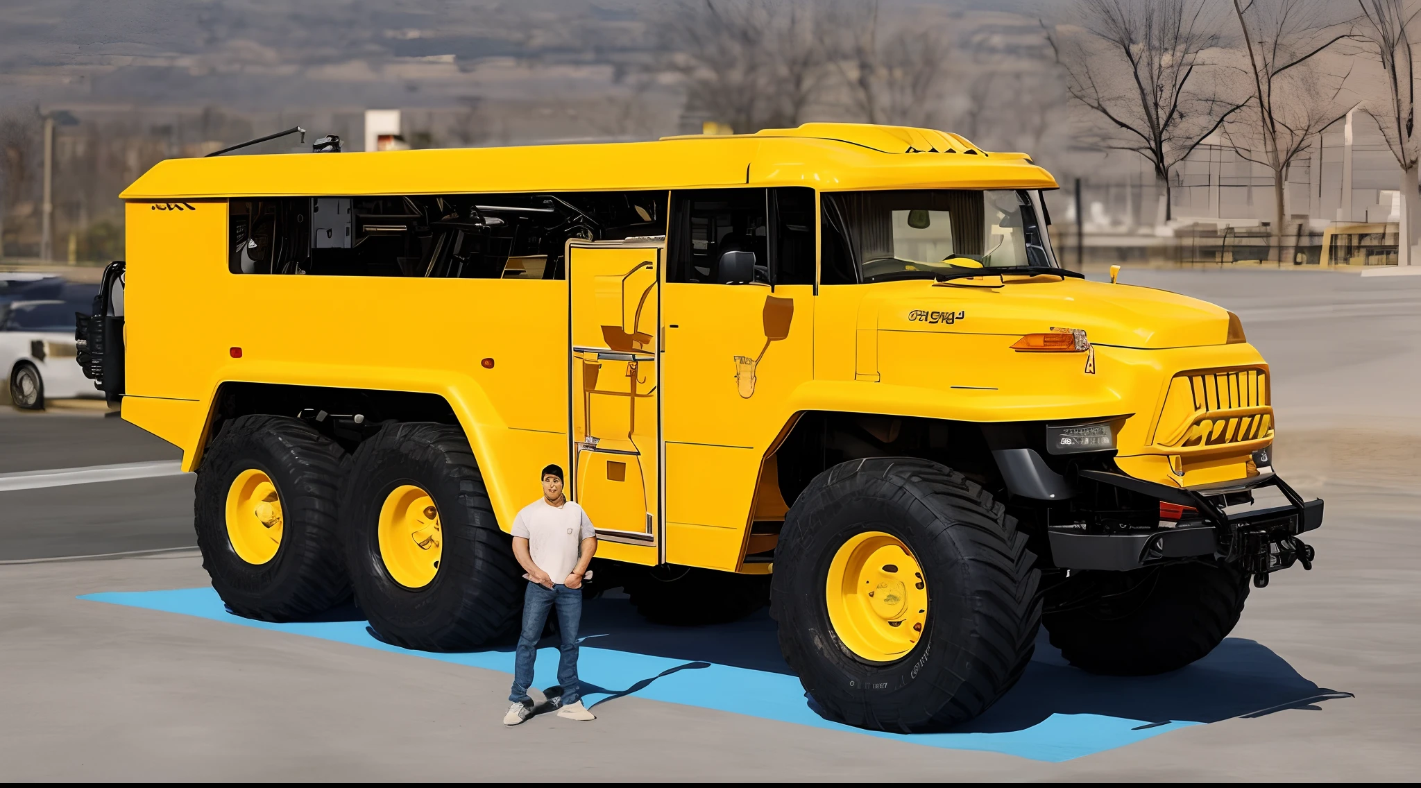 araf truck with a man standing next to it in a parking lot, incredible masterpiece, reddit post, vehicle concept photo!!, instagram post, monster truck, it is very huge, $100000000, huge scale, art masterpiece, an ultra realistic, ultra-realistic, ultra - realistic, a hyper realistic, it's very huge, realistic image, 16k resolution