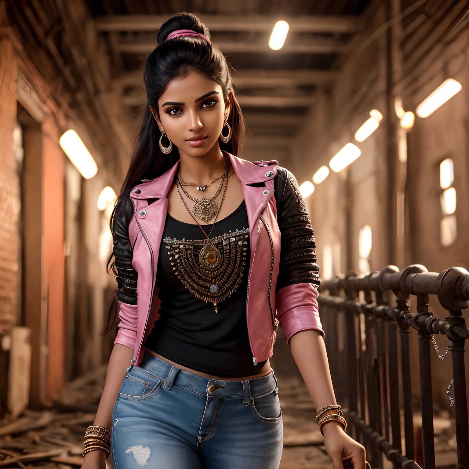 day scenario, badass photoshoot, beautiful gorgeous 25 years old Tamil girl (smile:0.6), extreme long shot, an abandoned mechanical factory, (intricate details:1.6 rusty gates metal pillars rusty broken pipes rumble everywhere dim lights flickering lights patch walls broken metal staircase in the background) she is walking wearing pink tee shirt black leather jacket black leather pants black leather boots, ear studs pendant necklace coolers wrist watch, tiresome face, eyes symmetry, textured skin, (intricated meticulously detailed:1.6 faces & eyes & ears & nose & lips & body parts)