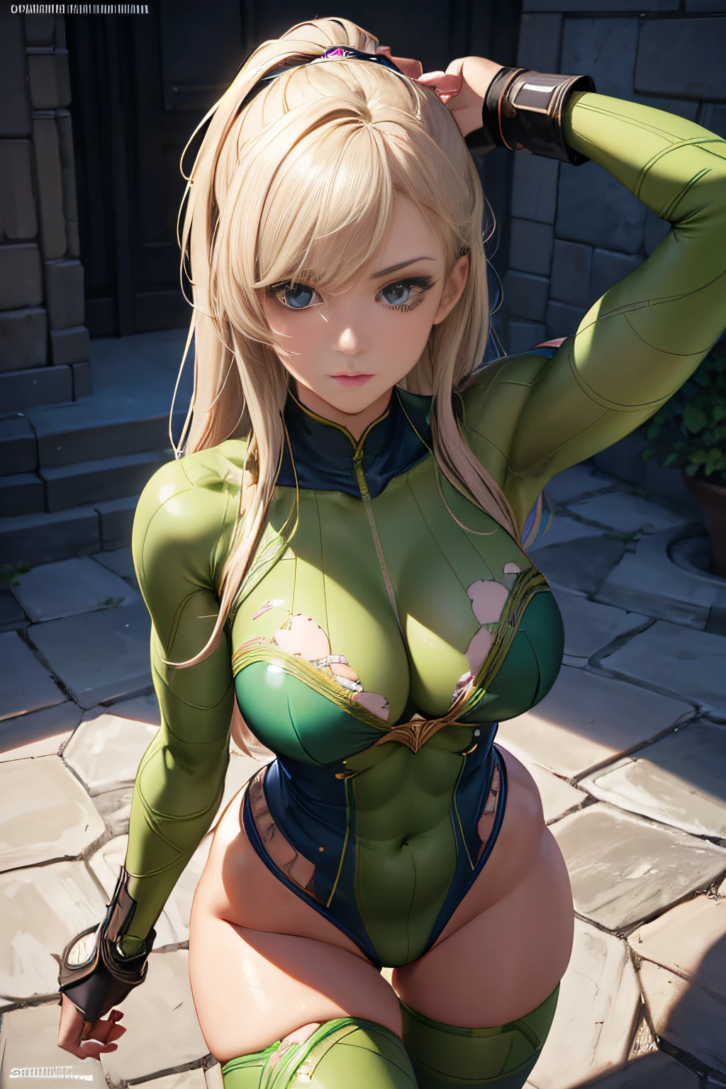 beste-Qualit, jeu cg, 1fille, master piece, beste-Qualit, 8k, detailed skin texture, detailed fabric texture, beautifull detailed face, intricate high detail, Ultra detailded, She-hulk, torn uniform ,cheveux roux raides, (Corps Entier: 1.2)