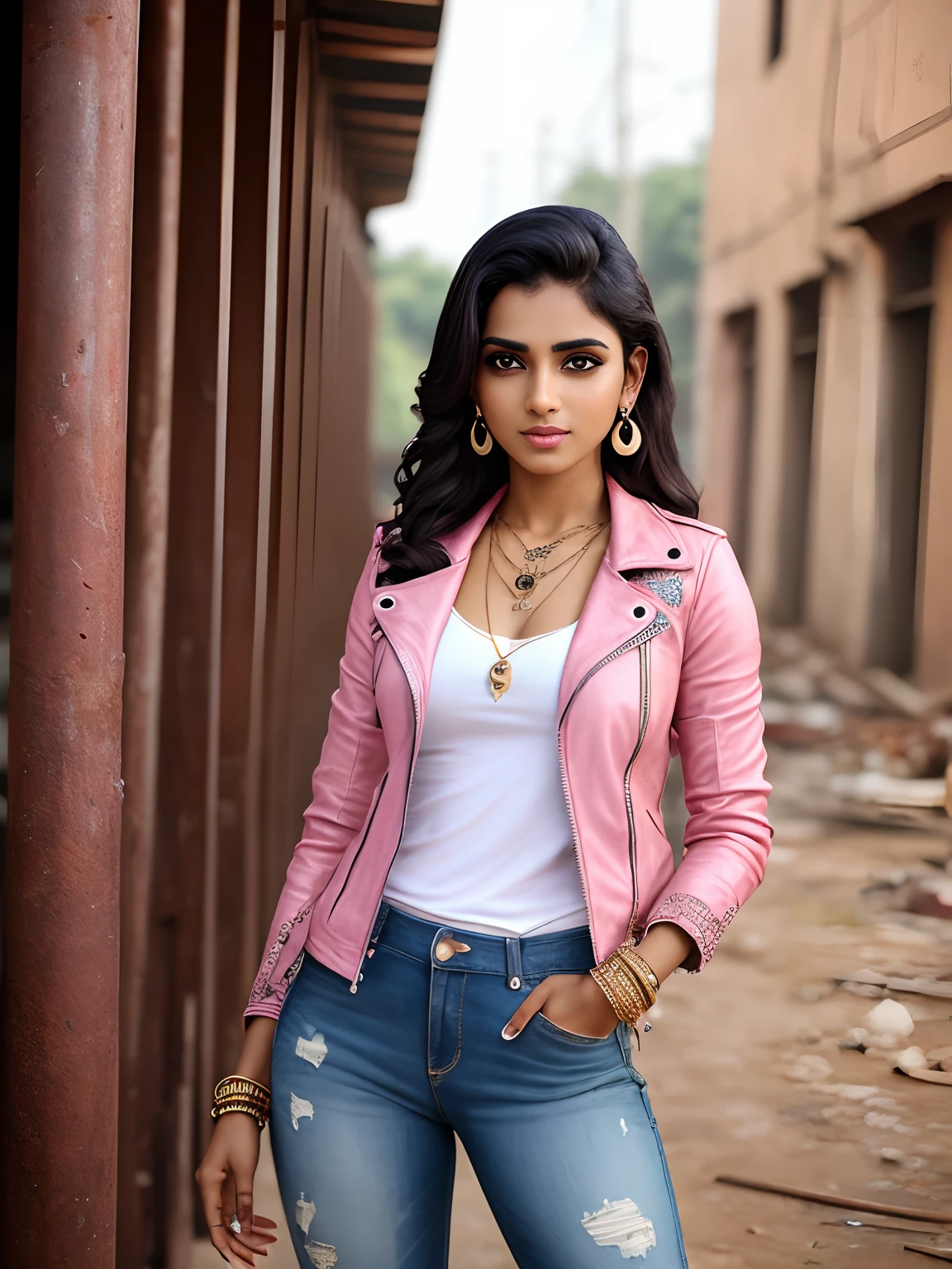 day scenario, badass photoshoot, beautiful gorgeous 25 years old Tamil girl smirking,an abandoned factory, intricate details of rusty gates, metal pillars rusty broken pipes rumble everywhere dim lights flickering lights patch walls broken metal staircase in the background, she is leaning stylishly on a table, wearing pink tee shirt leather jacket leather pants leather boots, ear studs pendant necklace coolers wrist watch, tiresome face, eyes symmetry, textured skin, (intricated meticulously detailed:1.6 faces & eyes & ears & nose & lips & body parts)