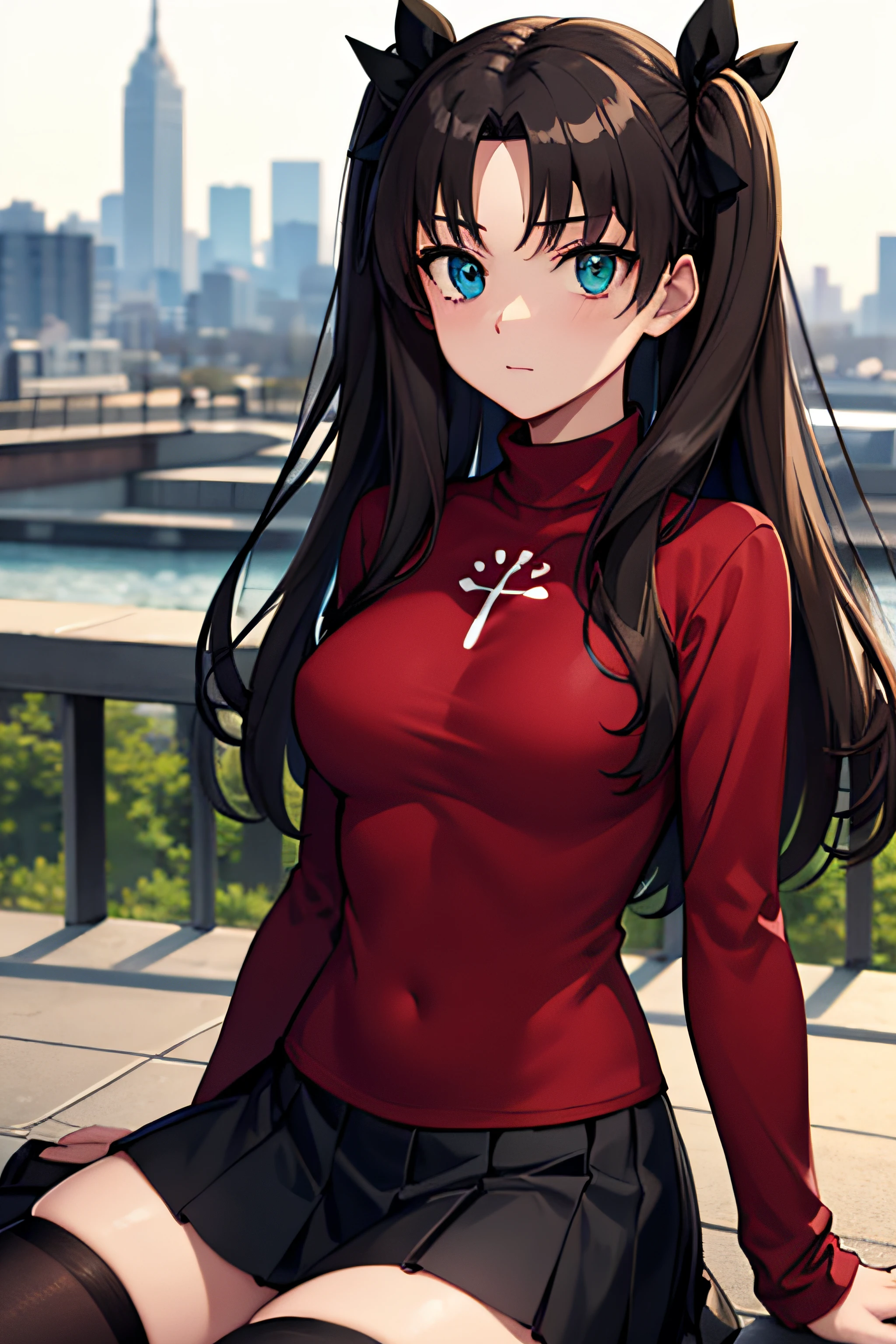 (masterpiece), best quality, expressive eyes, perfect face, 1girl, solo, rintohsaka, rin tohsaka, aqua eyes, black hair, hair ribbon, long hair, ribbon, sidelocks, two side up, black skirt, black thighhighs, long sleeves, miniskirt, pleated skirt, ((red sweater)), skirt, sweater, thighhighs, turtleneck, city background, sitting, character sheet, upper body, portrait, looking at viewer