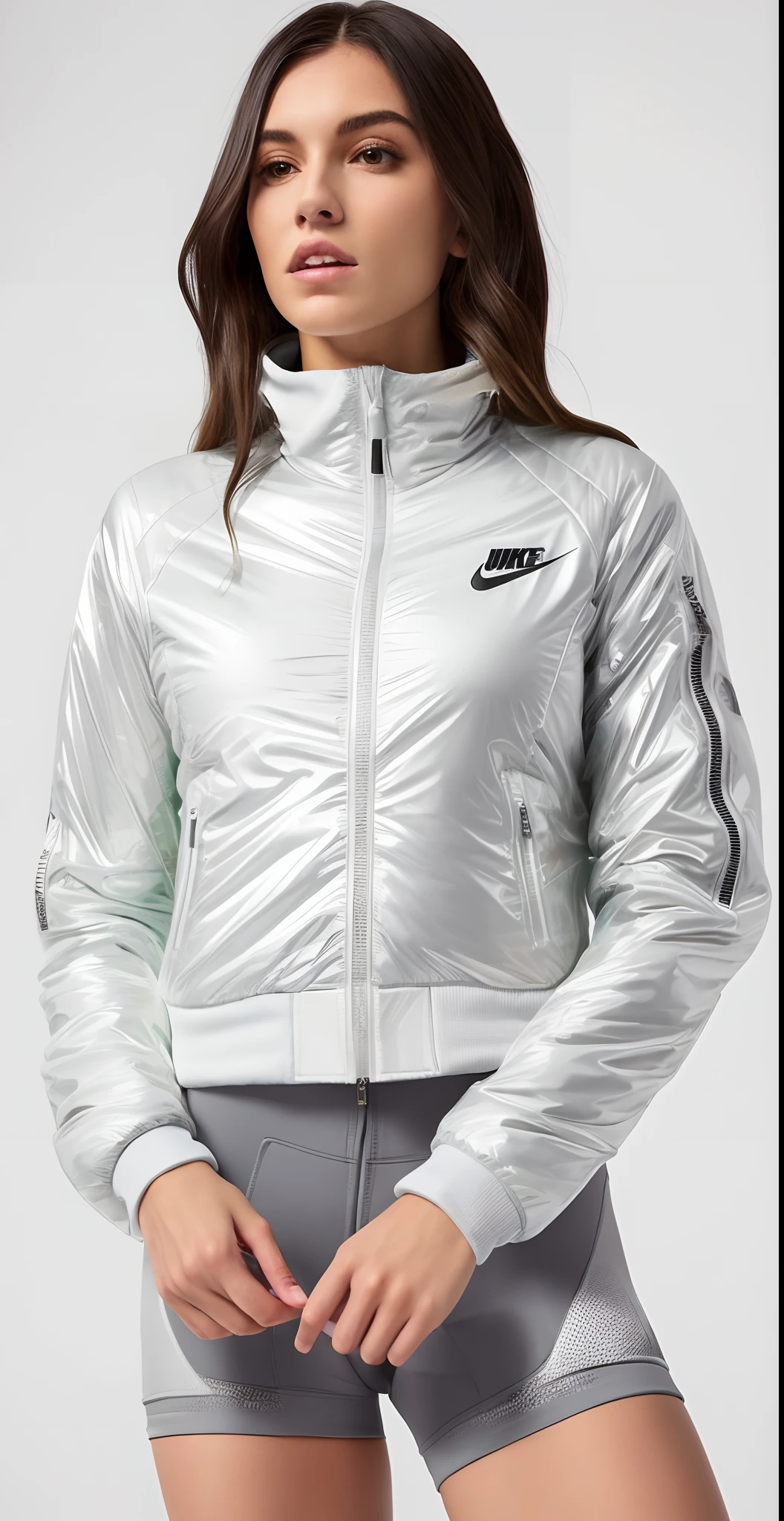 uma mulher de jaqueta branca e shorts cinza posando para uma foto, suit jacket, jaqueta curta, jaqueta esportiva, white jacket, translucent body, jaqueta sobre tronco nu, desgaste sutil - e - rasgo, corpo transparente, INSPO, roupas esportivas, encapuzado, wearing jacket, Fato de ciclismo Nike, roupas esportivas, jaqueta bomber, Metal Refletivo, jaqueta puffer transparente