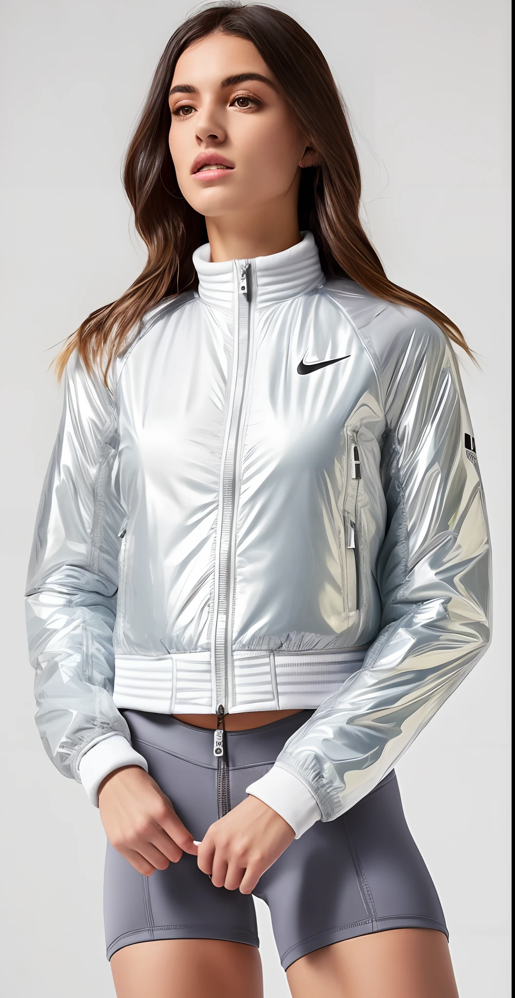 uma mulher de jaqueta branca e shorts cinza posando para uma foto, suit jacket, jaqueta curta, jaqueta esportiva, white jacket, translucent body, jaqueta sobre tronco nu, desgaste sutil - e - rasgo, corpo transparente, INSPO, roupas esportivas, encapuzado, wearing jacket, Fato de ciclismo Nike, roupas esportivas, jaqueta bomber, Metal Refletivo, jaqueta puffer transparente