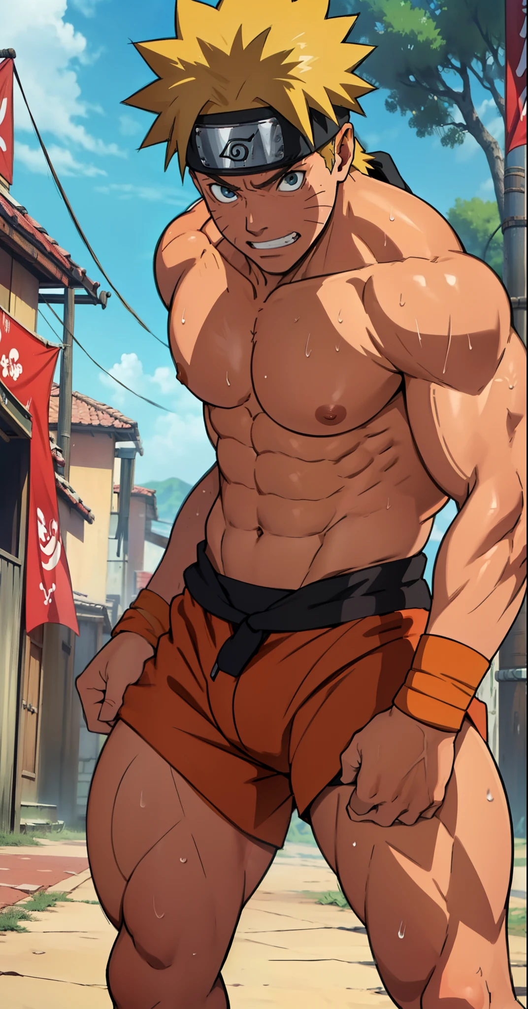 (Full body) (photo subject: Close-up of muscular thigh muscles ) (photo angle from bottom up)(Drawings of Naruto anime) (photo angle from the ground upwards) [Anime photo][highest quality photo][4k,HD photo quality ] wear tight and short loincloths   (muscular thigh muscles, firm thigh muscles, muscular thigh muscles, sinewy thigh muscles, giant thigh muscles, strong leg muscles, muscular hamstring leg muscles) ,Uzumaki Naruto fun, happy,bodybuilder,bodybuilding, standing, red skin, pink skin, tanned skin,reddish brown skin, lots of sweat flowing down, topless, shirtless, hot sunny, (do not wear banners,do not wear headbands)