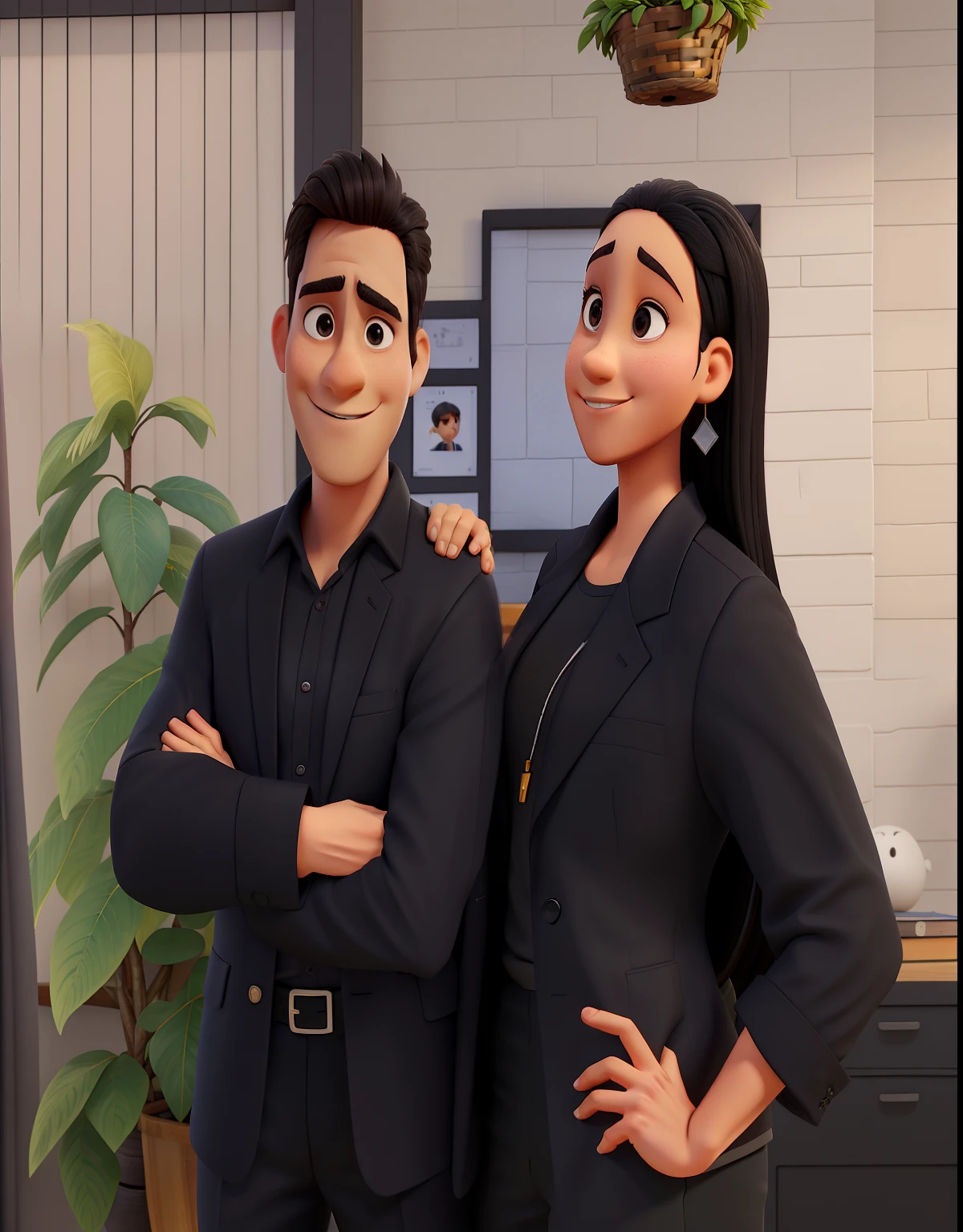 Um homem de pele escura, com cabelos preto, olhos castanhos, crossed arm and black dress shirt. The girl next to you is white, olhos castanhos, cabelo castanho feito rabo de cabelo, With his hand resting on this man's shoulder, de blazer e blusa preta, The two are smiling and looking at the picture. Ao fundo, There is a fabric background and in front of the two people a camera on the tripod.