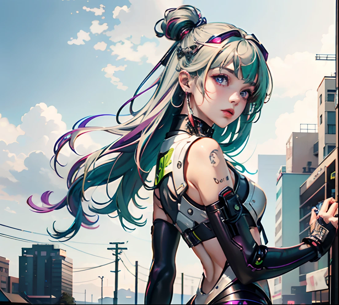 best quality, masterpiece, realistic, photorealistic, 1girl, solo, looking at viewer, upper body, standing, long hair, white hair, green hair, purple hair, multicolored hair, purple eyes, cosplay, hair ornament, ribbions, cyberpunk, cyberspace, digital world,