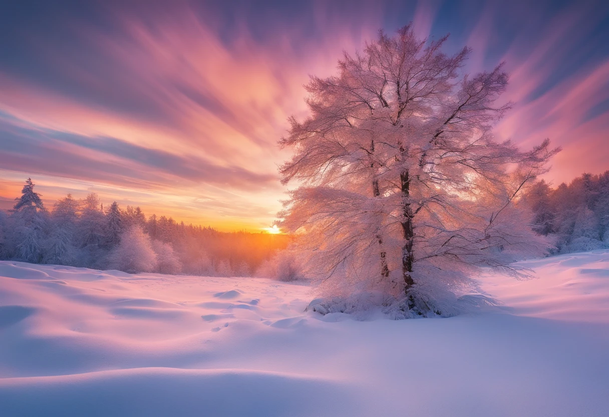 at winter season,Oyuki,snow landscape,The tree,(((Rime))),the setting sun,thin fog,Dingdall effect,super-fine,tmasterpiece,8K,depth of fields,ultra - detailed,Meticulous portrayal,Ultra photo realsisim,Hyper-realistic