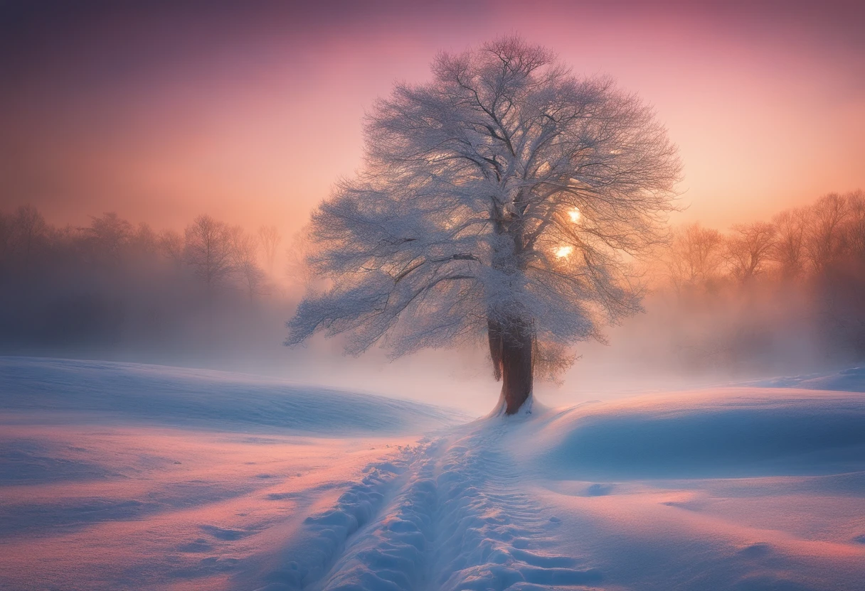 at winter season,Oyuki,snow landscape,The tree,(((Rime))),the setting sun,thin fog,Dingdall effect,super-fine,tmasterpiece,8K,depth of fields,ultra - detailed,Meticulous portrayal,Ultra photo realsisim,Hyper-realistic