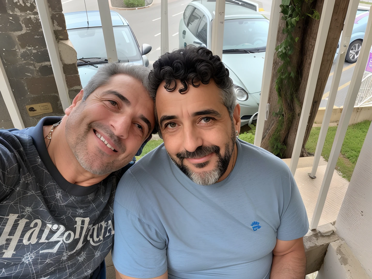 There's two men sitting on a balcony with a pizza, Homens de 45 anos, dois homens bonitos, Gay, two men hugging, david rios ferreira, In Sao Paulo, Mars Ravelo e Greg Rutkowski, dois do sexo masculino, Paulo Pepera Pablo Roldan, on sidewalk, Genzoman e Frank Franzzeta, Ghutra e Egal