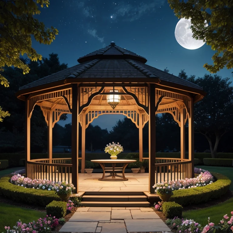An openwork gazebo stands in the center of a blooming garden with a night moon