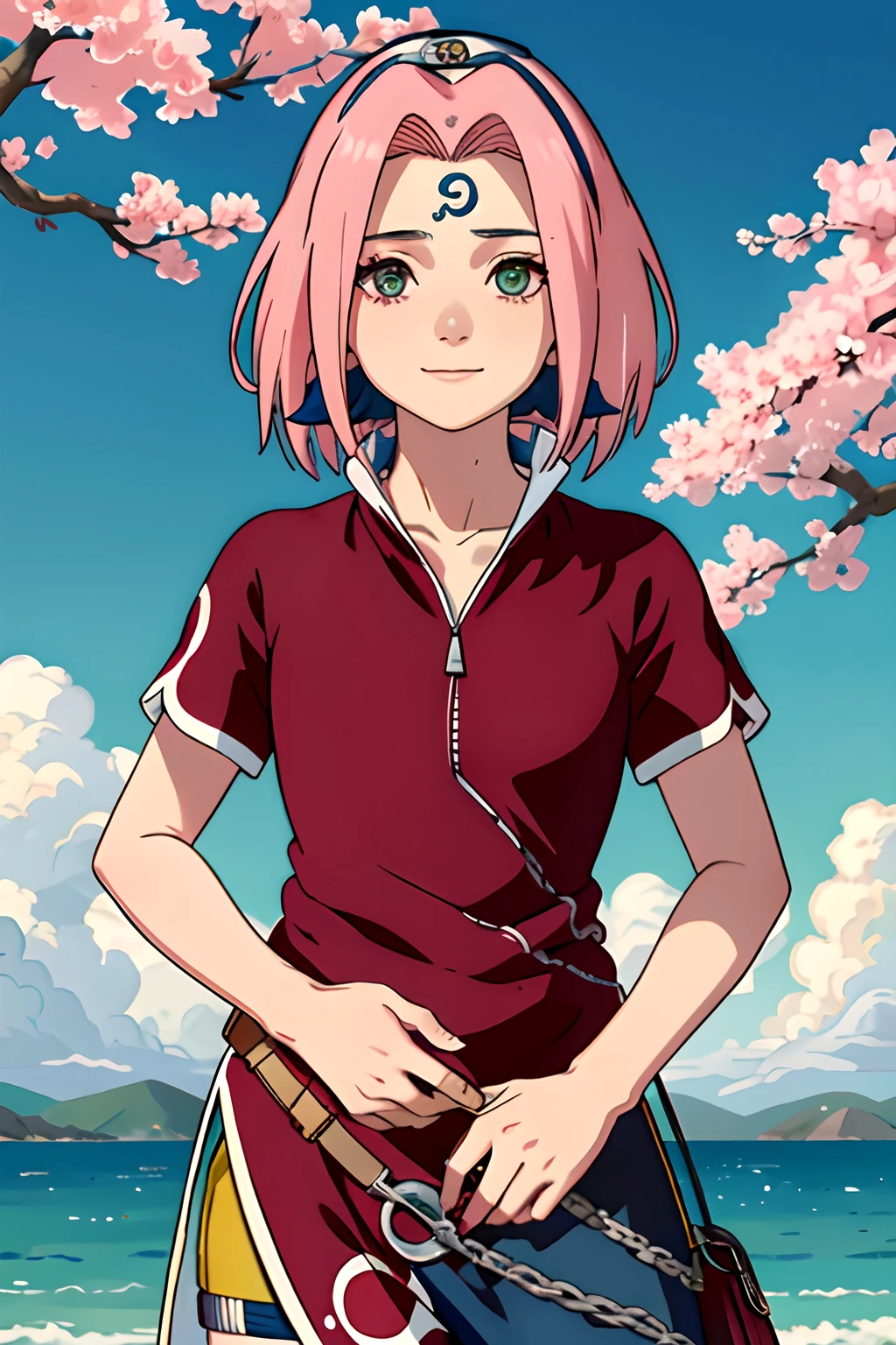 tmasterpiece, La mejor calidad en el mejor de los casos, 1girll, Sakura Haruno, senos grandes,Vestimenta fuera del hombro,(escote),(Primer plano de la parte superior del cuerpo),Criado sexy,is shy,smil,con cabello rosado, Pelo largo blanquecino, (Globos oculares verdes:1.4), Forehead protection, Los cerezos,Cerezos en flor volando,Ropa roja,Media cremallera