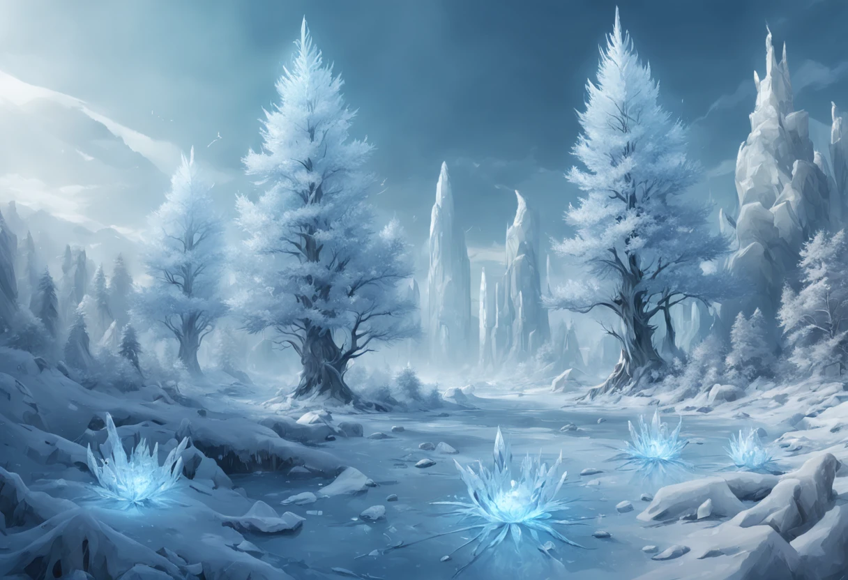 Arte conceitual de inverno, Snow and ice forest,Each branch is covered with sparkling ice crystals,They resemble countless diamonds,Shine brightly,The branches of the trees seem to be embedded in the snow and ice,A forest of ice and snow was formed, These ice crystals are exposed to sunlight,glittery,It was as if all the stars in the sky had fallen to the earth,Ice Mage, 4K fantasy art, 4K detailed digital art, ·, 4k highly detailed digital art, artgerm detailed, Ice crystal armor,dyna,lute,hdr,hyperrealistic fantasy art,Epic digital fantasy art style,Beautiful sci-fi art, Science-fi digital art illustration,science fiction digital painting, futuristic digital painting, futuristic concept art, In front of a landscape of snow-capped sci-fi pine trees and ice flowers, science fiction digital art, Fantastic transparent ethereal ice sculptures