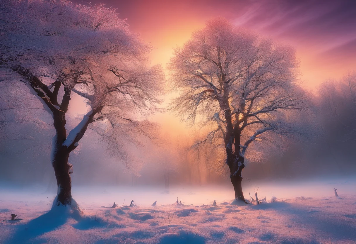 at winter season,Oyuki,snow landscape,The tree,(((Rime))),the setting sun,thin fog,Dingdall effect,super-fine,tmasterpiece,8K,depth of fields,ultra - detailed,Meticulous portrayal,Ultra photo realsisim,Hyper-realistic