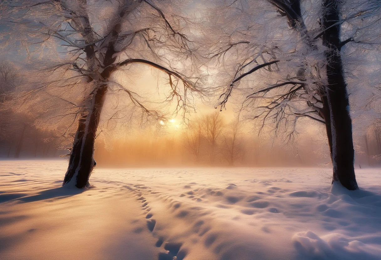 at winter season，Oyuki，snow landscape，The tree，（（（Rime））），the setting sun，thin fog，Dingdall effect，super-fine，tmasterpiece，8K，depth of fields，ultra - detailed，Meticulous portrayal，Ultra photo realsisim，Hyper-realistic