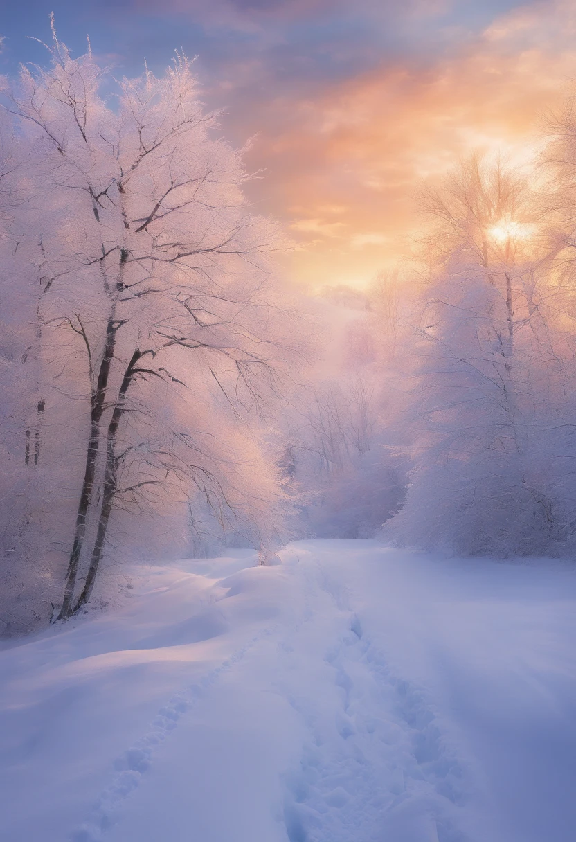 at winter season，Oyuki，snow landscape，The tree，（（（Rime））），the setting sun，thin fog，Dingdall effect，super-fine，tmasterpiece，8K，depth of fields，ultra - detailed，Meticulous portrayal，Ultra photo realsisim，Hyper-realistic