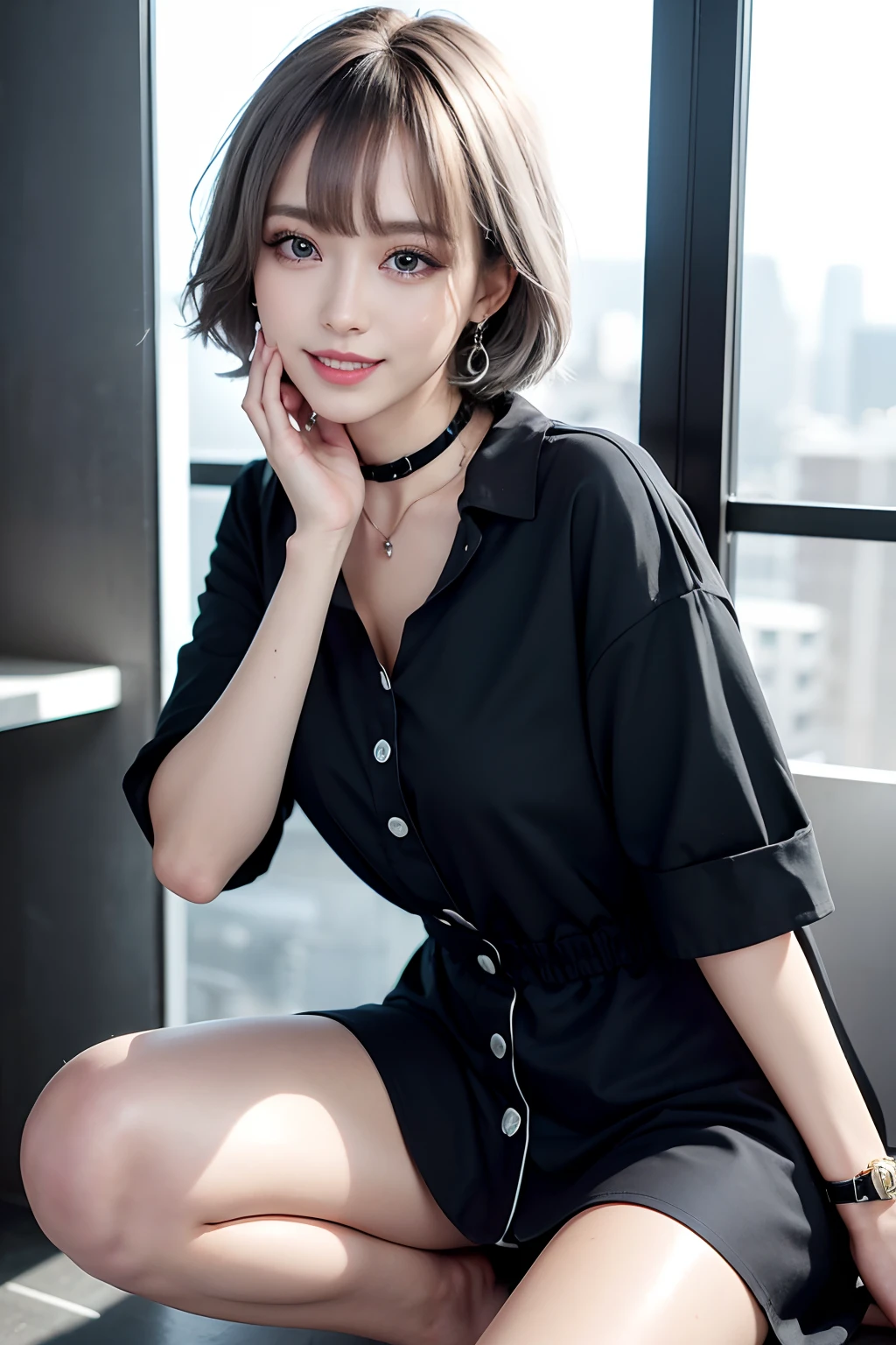 Masterpiece, 8K, award-winning photos, photorealistic, realistic, ultra detailed, ultra high definition, ray tracung,
__
shiny skin , detailed skin , detailed face , detailed eyes , the most beautiful, 22 years old ,(sexy,Japanese idol, gray hair, short hair), (tan skin:1.2)
__
(droopy eyes:1.3) ,(Natural makeup),(smile:1.3),glistening teeth,
__
glowing blue eyes, shutting eyes,
__
BREAK (black theme:1.4), (tucked out and button-up oversized black collared-shirt dress with black shirt dress-hem:1.5), (long sleeves:1.2), ((collarbone, wrist):1.3),
BREAK (White theme:1.2), (White tight long-pants:1.2), (ankle:1.3), (high heels:1.2), ((necklace, earrings):1.2),
__
at a shopping mall, highly detailed background, , ultra-realistic textures, dramatic lighting ,raw photo, 1girl,