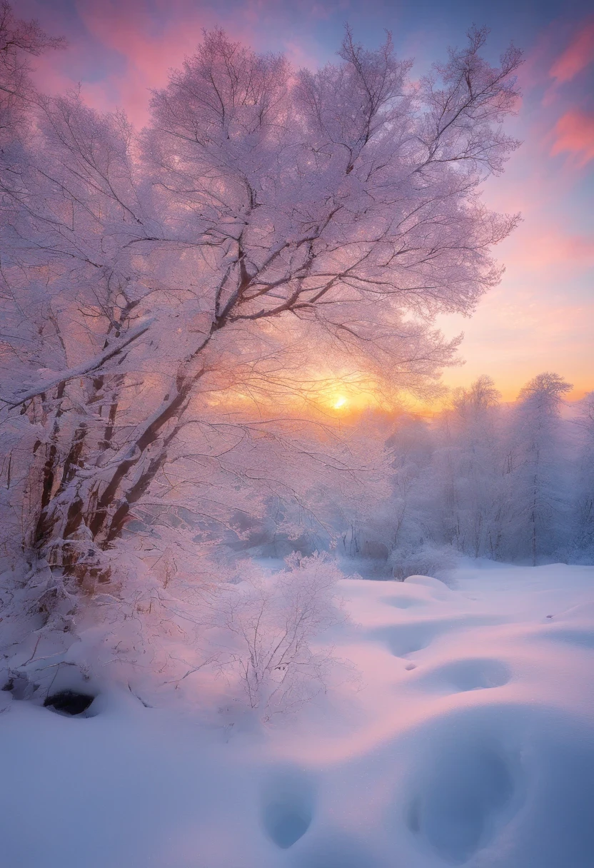 at winter season,Oyuki,snow landscape,The tree,(((Rime))),the setting sun,thin fog,Dingdall effect,super-fine,tmasterpiece,8K,depth of fields,ultra - detailed,Meticulous portrayal,Ultra photo realsisim,Hyper-realistic