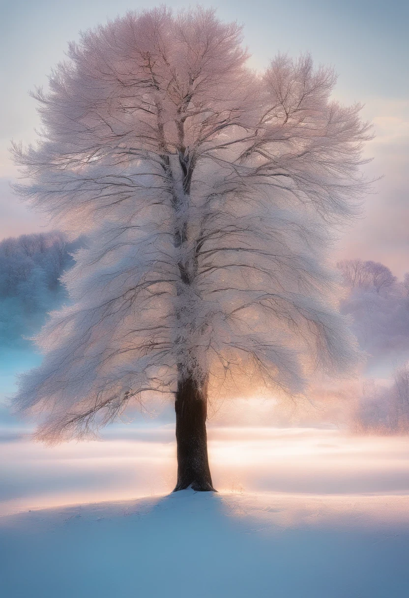 at winter season，Oyuki，snow landscape，The tree，（（（Rime））），the setting sun，thin fog，Dingdall effect，super-fine，tmasterpiece，8K，depth of fields，ultra - detailed，Meticulous portrayal，Ultra photo realsisim，Hyper-realistic