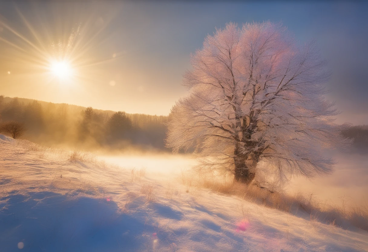at winter season,Oyuki,snow landscape,The tree,(((Rime))),the setting sun,thin fog,Dingdall effect,super-fine,tmasterpiece,8K,depth of fields,ultra - detailed,Meticulous portrayal,Ultra photo realsisim,Hyper-realistic