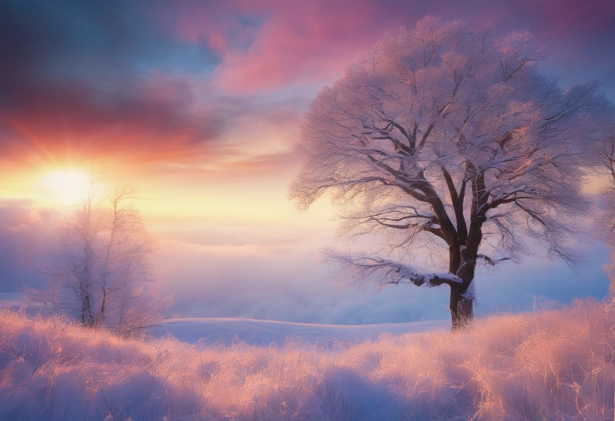 at winter season,Oyuki,snow landscape,The tree,(((Rime))),the setting sun,thin fog,Dingdall effect,super-fine,tmasterpiece,8K,depth of fields,ultra - detailed,Meticulous portrayal,Ultra photo realsisim,Hyper-realistic