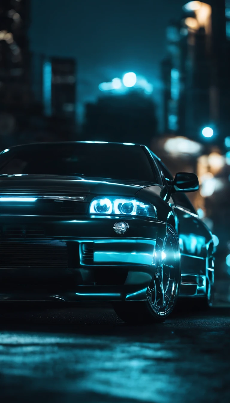 A 1999 Nissan Silver R33 lowered wide body,  car body molded as if it was in the movie Tron legacy, Blue LED strips light up all the body lines of the car, night city background, motion blur, a close up of a car with a glowing blue stripe on the hood, tron, glowing neon vray, cyan headlights, black and cyan color scheme, futuristic neon, cyan lightning, black neon lights, teal neon lights, colors of tron legacy, stylized neon, dark neon lighting, light cyan, neon dark lighting, neon-noir background