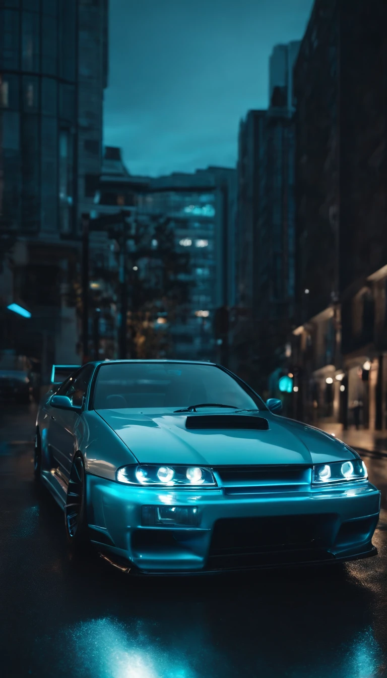 A 1999 Nissan Silver R33 lowered wide body, car body molded as if it was in the movie Tron legacy, Blue LED strips light up all the body lines of the car, night city background, motion blur, a close up of a car with a glowing blue stripe on the hood, tron, glowing neon vray, cyan headlights, black and cyan color scheme, futuristic neon, cyan lightning, black neon lights, teal neon lights, colors of tron legacy, stylized neon, dark neon lighting, light cyan, neon dark lighting, neon-noir background