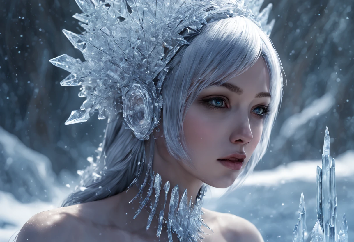 Arte conceitual de inverno, Snow and ice forest,Each branch is covered with sparkling ice crystals,They resemble countless diamonds,Shine brightly,The branches of the trees seem to be embedded in the snow and ice,A forest of ice and snow was formed, These ice crystals are exposed to sunlight,glittery,It was as if all the stars in the sky had fallen to the earth,Ice Mage, 4K fantasy art, 4K detailed digital art, ·, 4k highly detailed digital art, artgerm detailed, Ice crystal armor,dyna,lute,hdr,hyperrealistic fantasy art,Epic digital fantasy art style,Beautiful sci-fi art, Science-fi digital art illustration,science fiction digital painting, futuristic digital painting, futuristic concept art, In front of a landscape of snow-capped sci-fi pine trees and ice flowers, science fiction digital art, Fantastic transparent ethereal ice sculptures