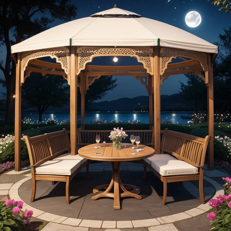 An openwork gazebo stands in the center of a blooming garden, inside a table with drinks and food, Benches ,with a night moon